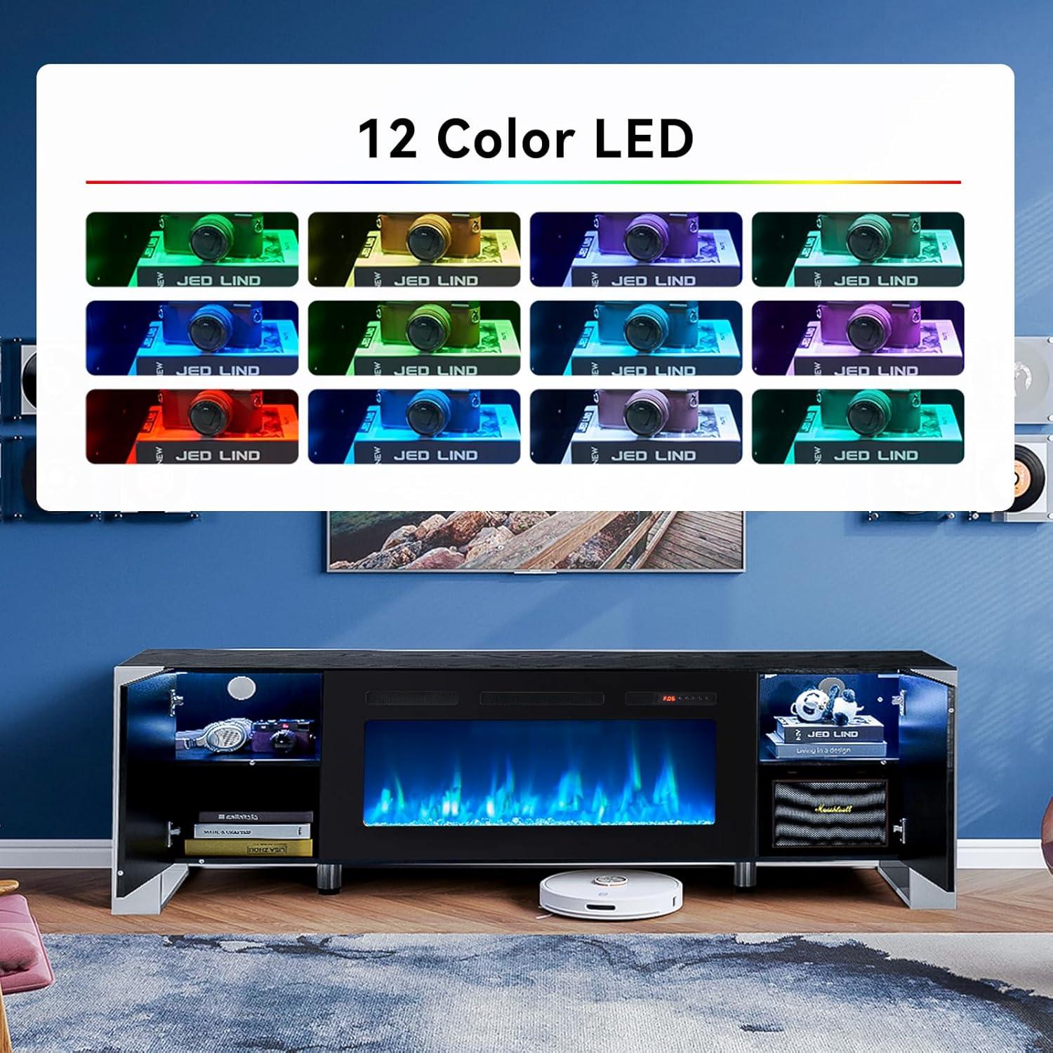 oneinmil Fireplace TV Stand with 36" Electric Fireplace, LED Light Entertainment Center, Modern Wood Texture Entertainment Stand with Highlight Storage Cabinet for TVs Up to 80", 70 inches, Black