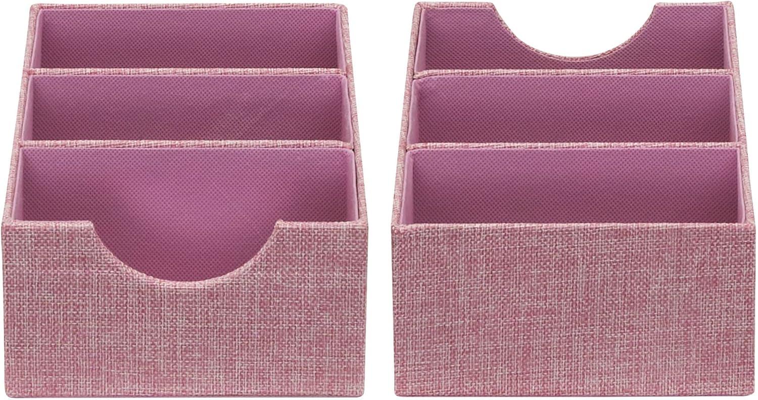 Household Essentials 3-Compartment Drawer Organizers, Pack of 2, Sturdy Chipboard Base with Soft Polyester Linen Covering, Fashionable Organization Solution, 3” H x 6” W x 12” D, Carnation