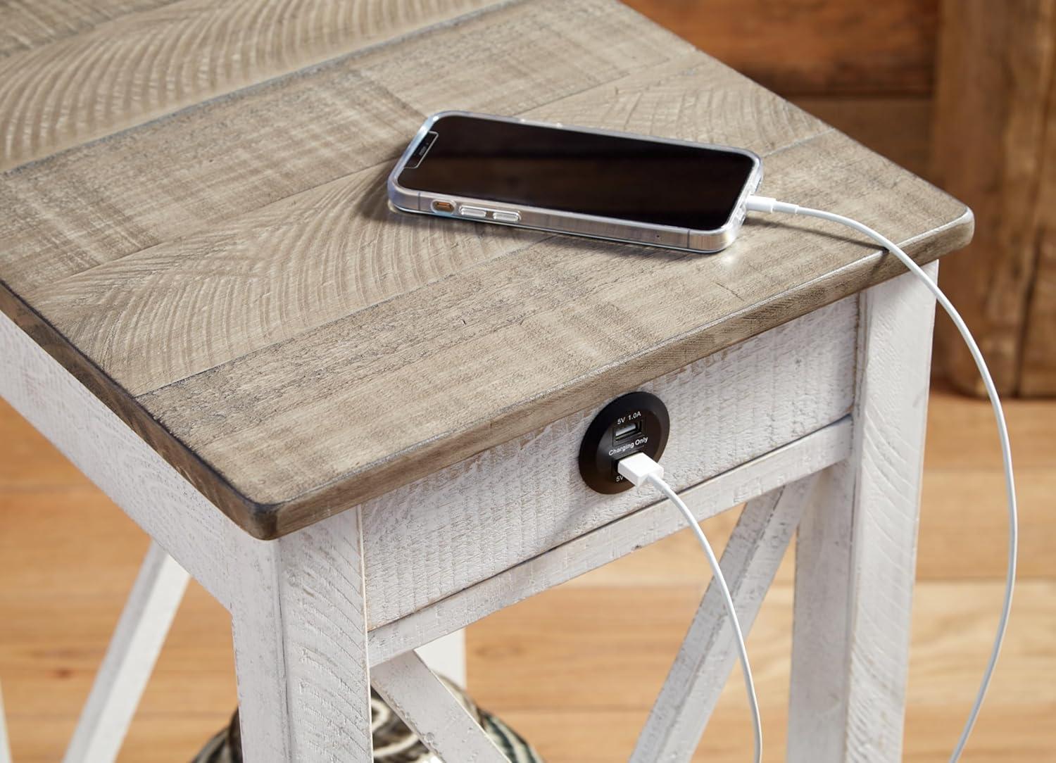 Adalane Side Table White/Gray: Vintage Crossbuck Design, USB Ports, Storage - Signature Design by Ashley