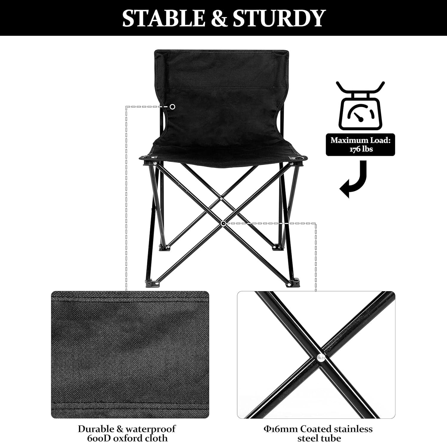 EUROCO Portable Folding Camping Chair Large Oxford Cloth Stool with Carry Bag and Collapsible Anti-Slip Padded for Beach, Hiking, Fishing, Gardening, Picnic, Black