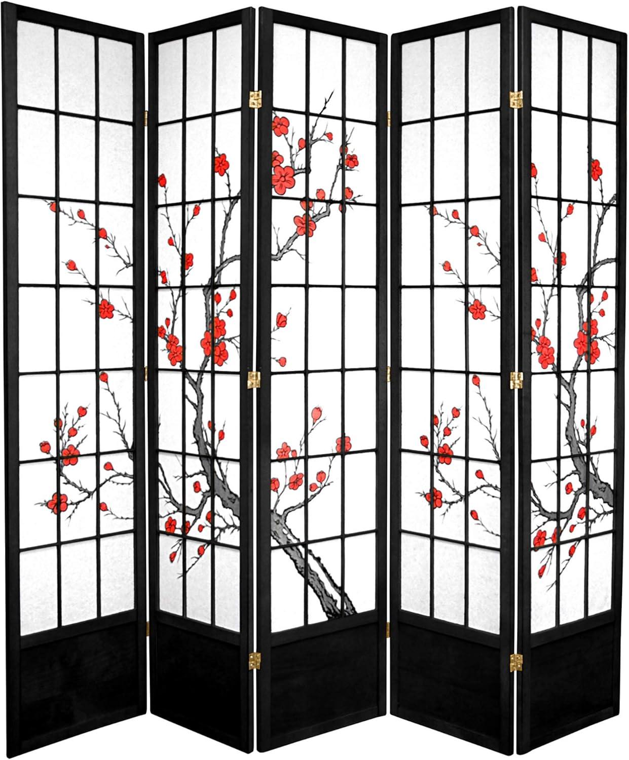 83.5" Black Cherry Blossom Shoji Room Divider with 5 Panels