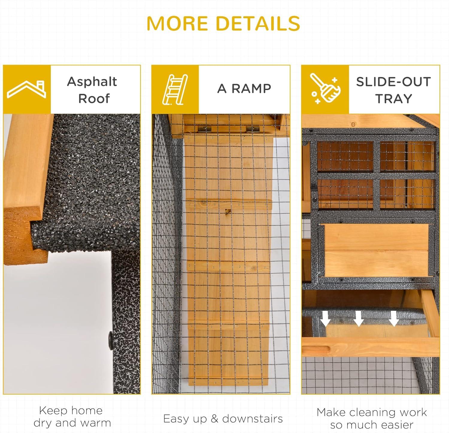 PawHut 2-Level Rabbit Hutch Bunny House with Weatherproof Hinged Asphalt Roof, Removable Tray and Ramp for Outdoor