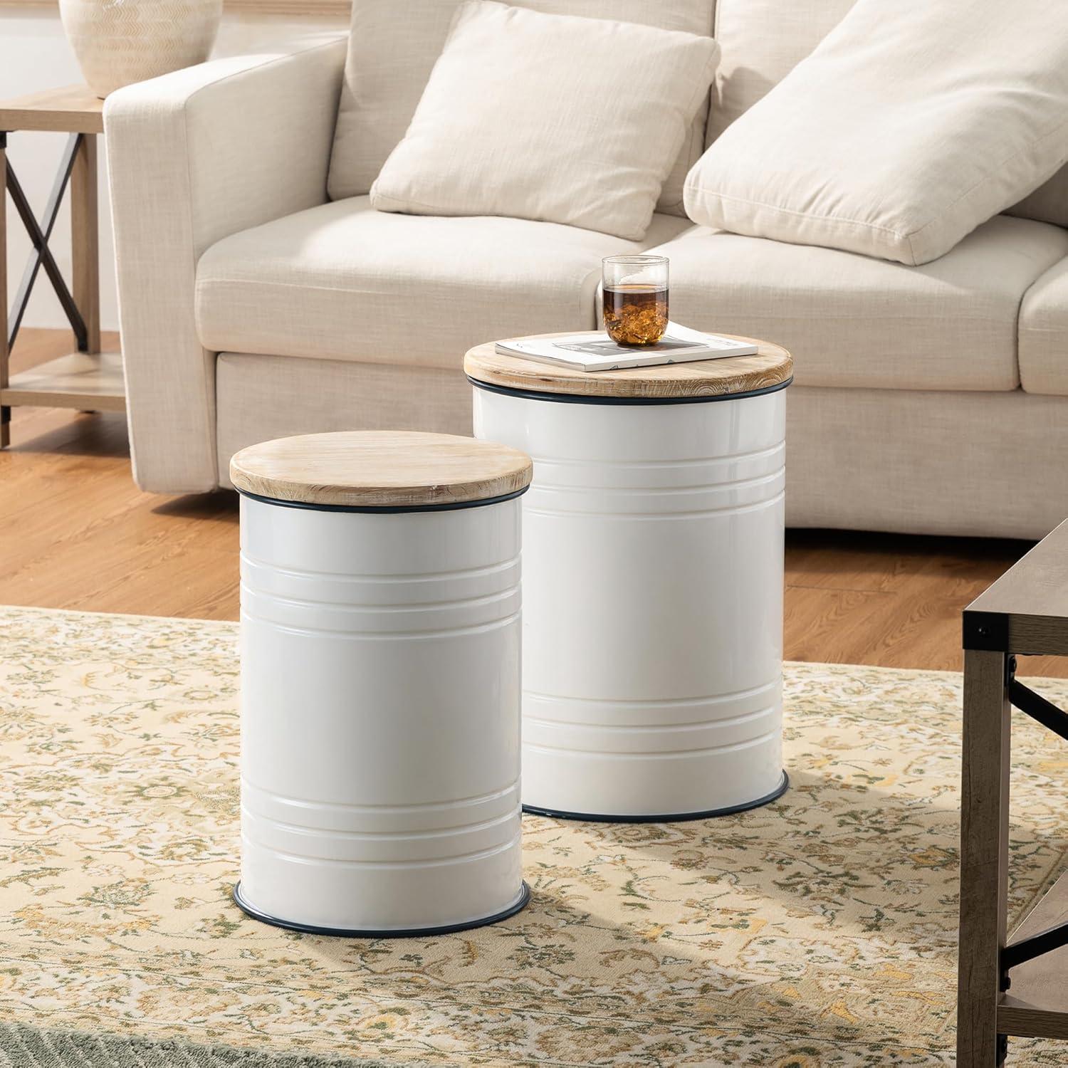 White Metal and Wood Farmhouse Storage Accent Stools, Set of 2