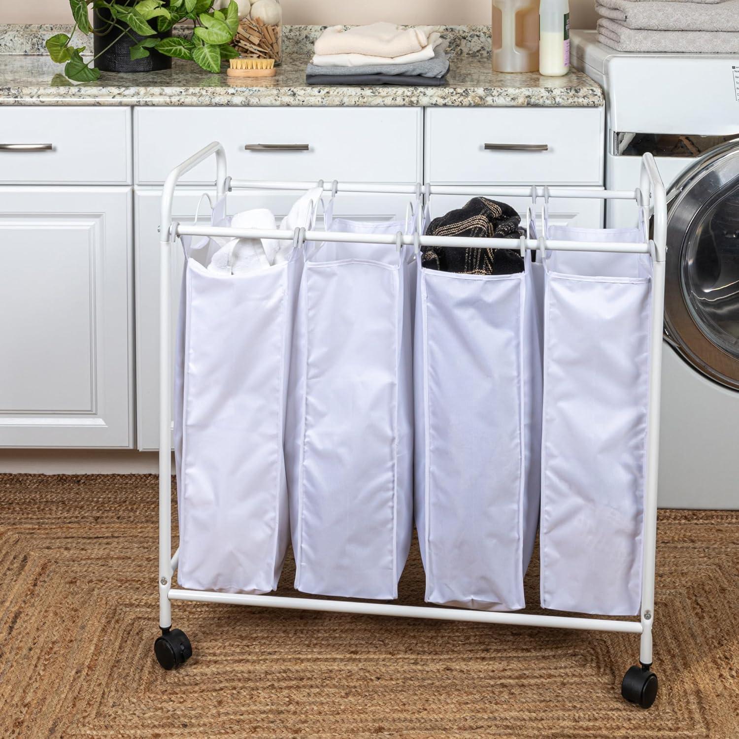 Rolling Laundry Sorter, 4 Bag Laundry Sorter Cart with Washable and Removable Bags, White