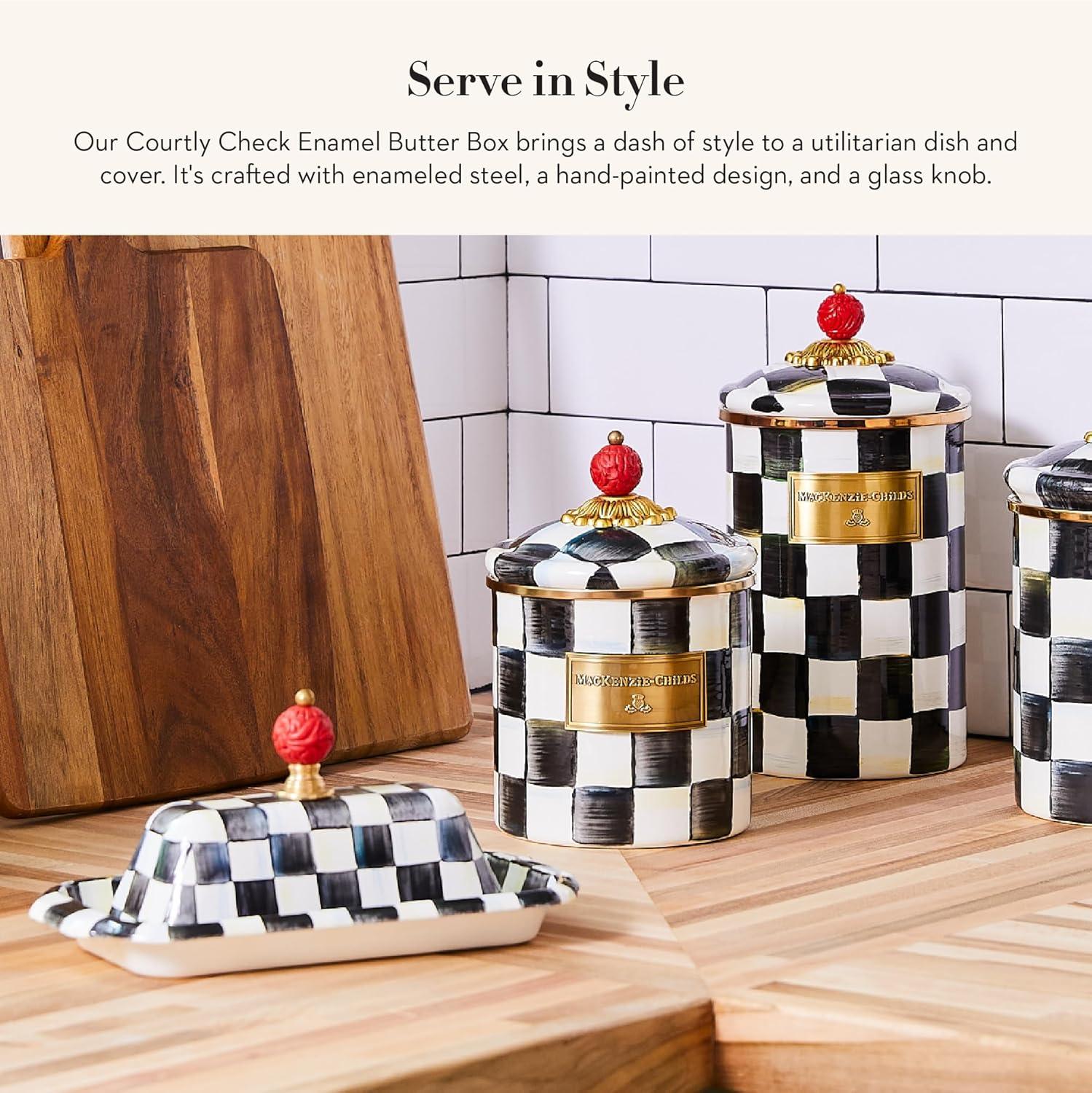 Black and White Checkered Enamel Butter Dish with Red Knob