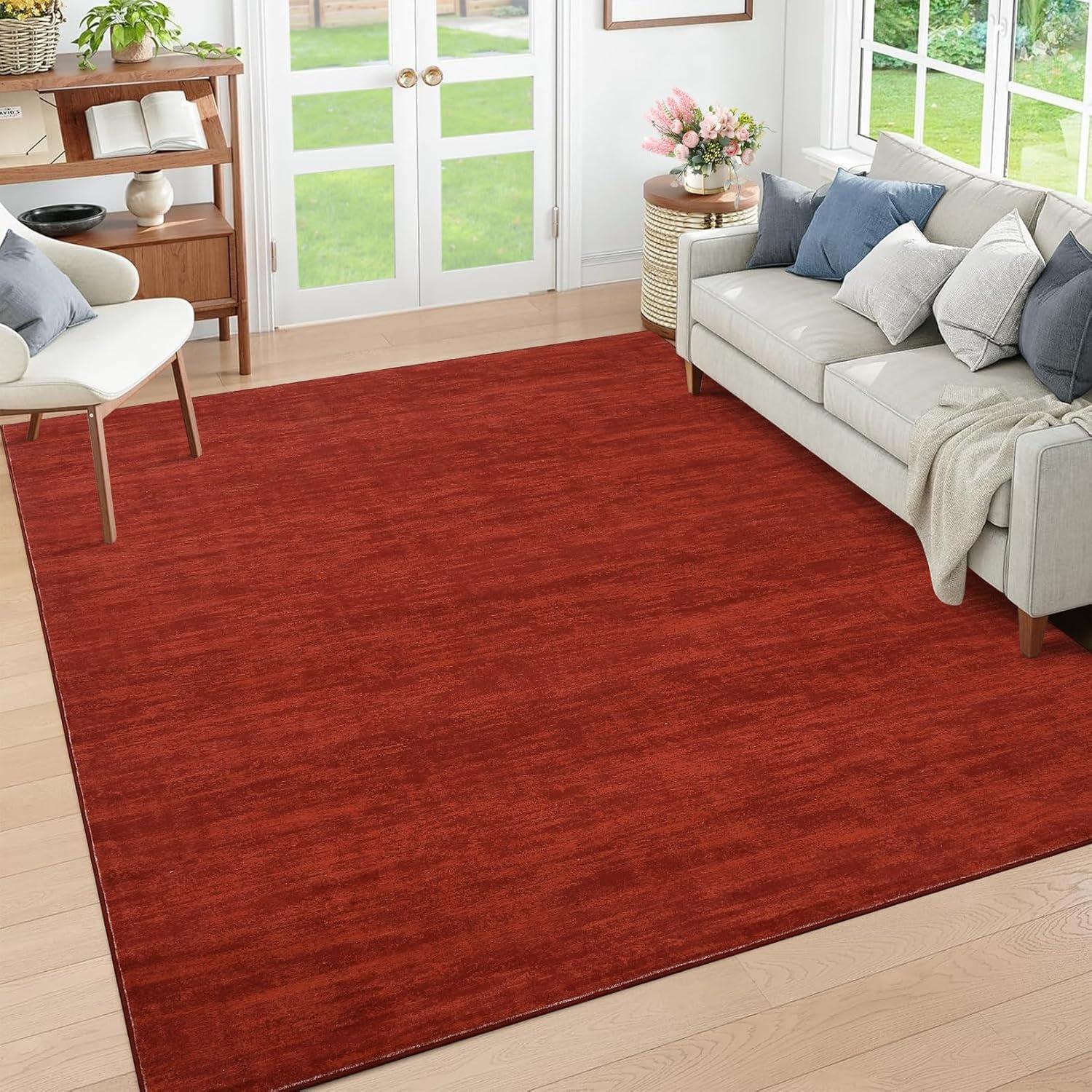 Garvee 9' x 12' Large Machine Washable Area Rug Modern Solid Rug Non-Slip Low-Pile Contemporary Indoor Area Rug for Home Office Bedroom, Red
