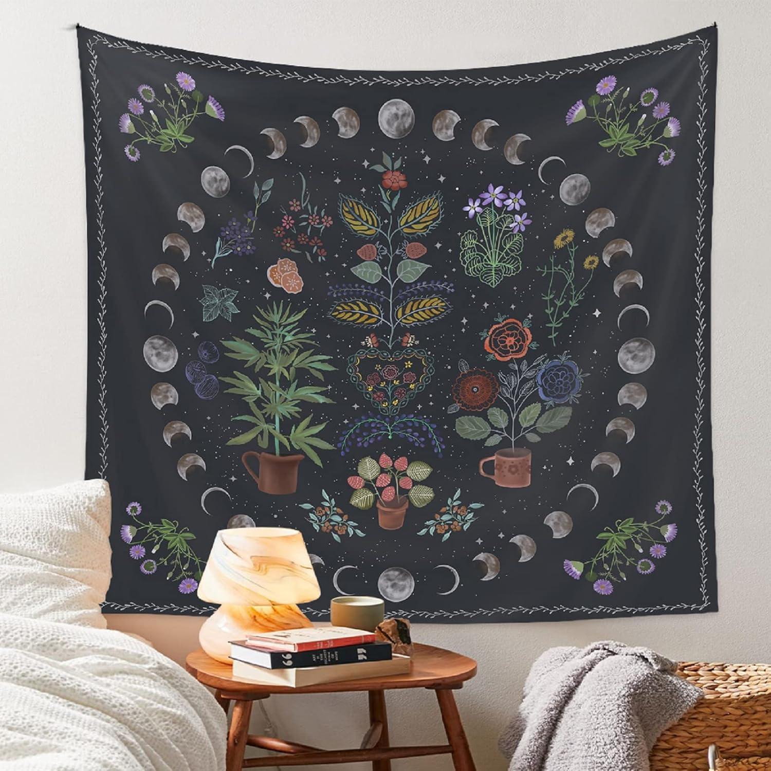 Plant Tapestry, Nature Moon Phase Tapestry Wall Hanging, Bohemian Mandala Tapestry Aesthetic Bedroom Decor, Botanical Tapestries Suitable For Bedroom Home Dorm