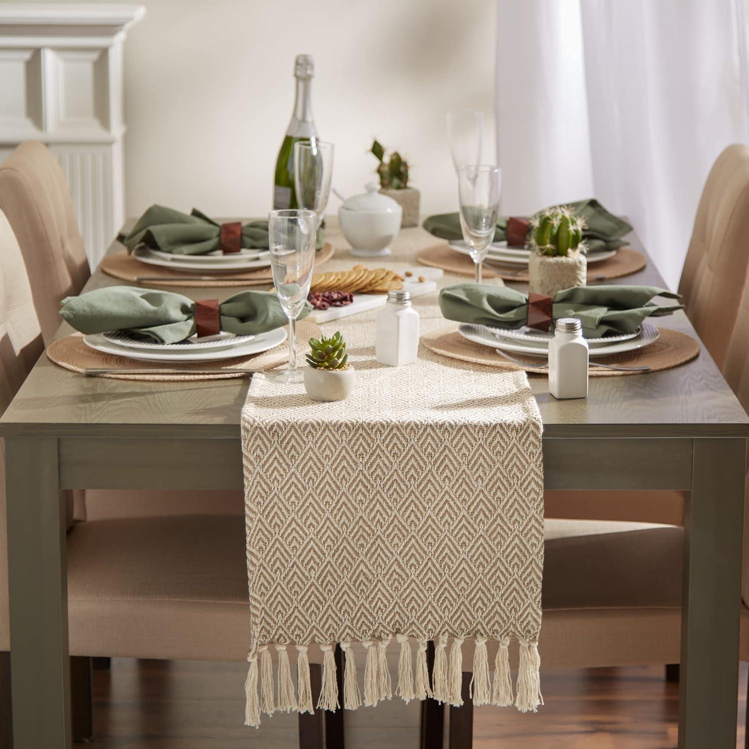 Stone Diamond Cotton Table Runner with Fringe, 15 x 72 Inches