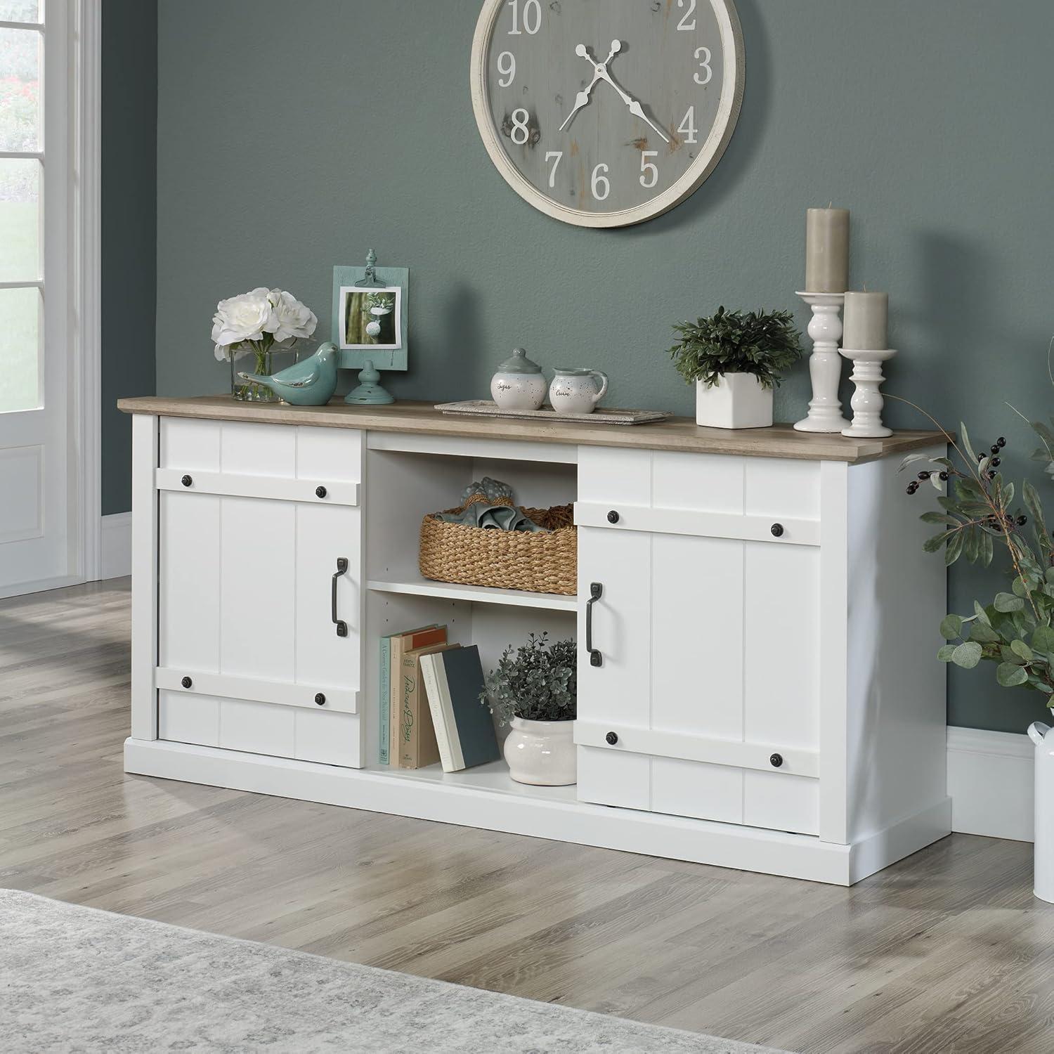 Soft White Farmhouse TV Stand with Oak Accent for 70" TVs