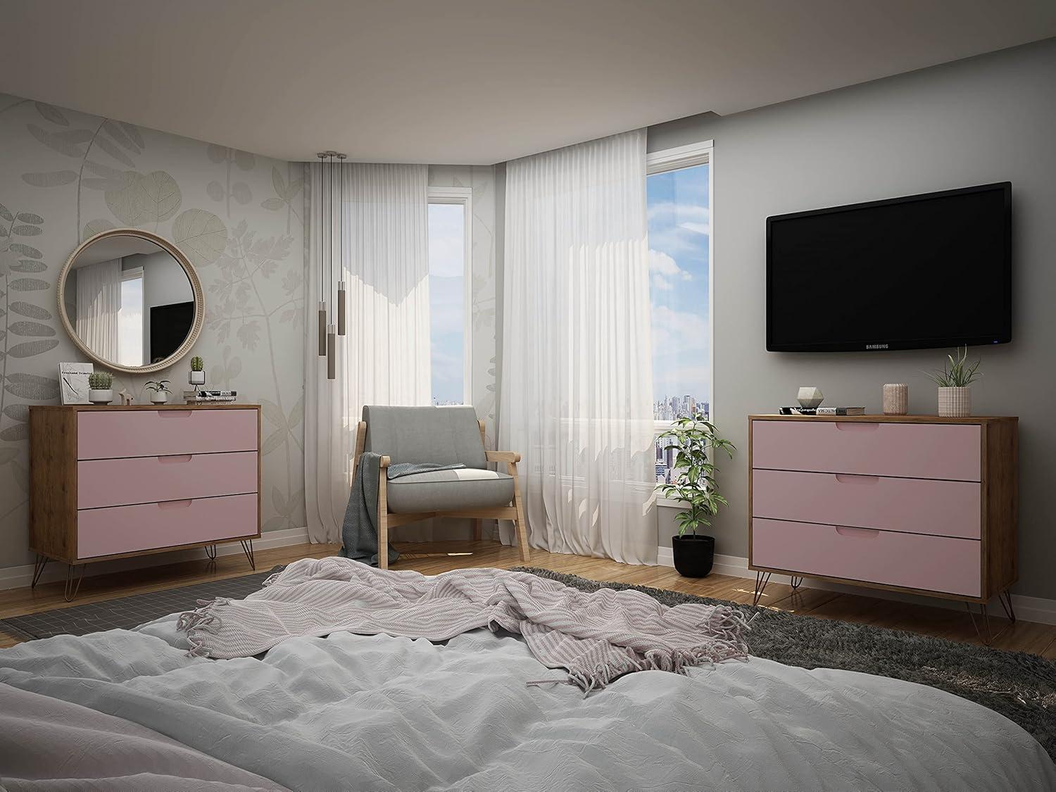 Set of 2 Rockefeller 3 Drawer Dresser Nature/Rose Pink - Manhattan Comfort: MDF Bedroom Storage, Easy-Glide, 6 Drawers