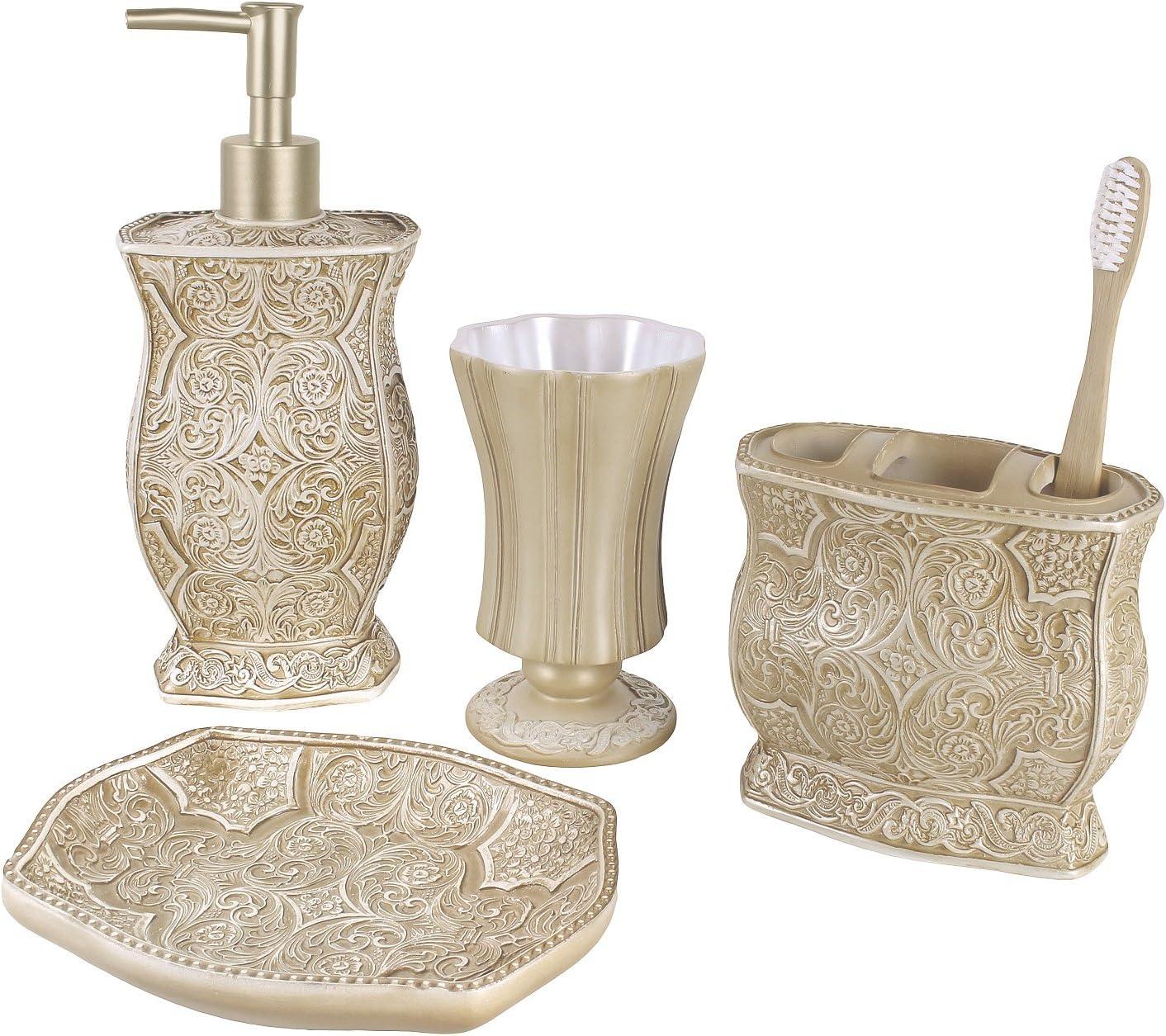 Beige Scroll Pattern Resin Bathroom Accessories Set