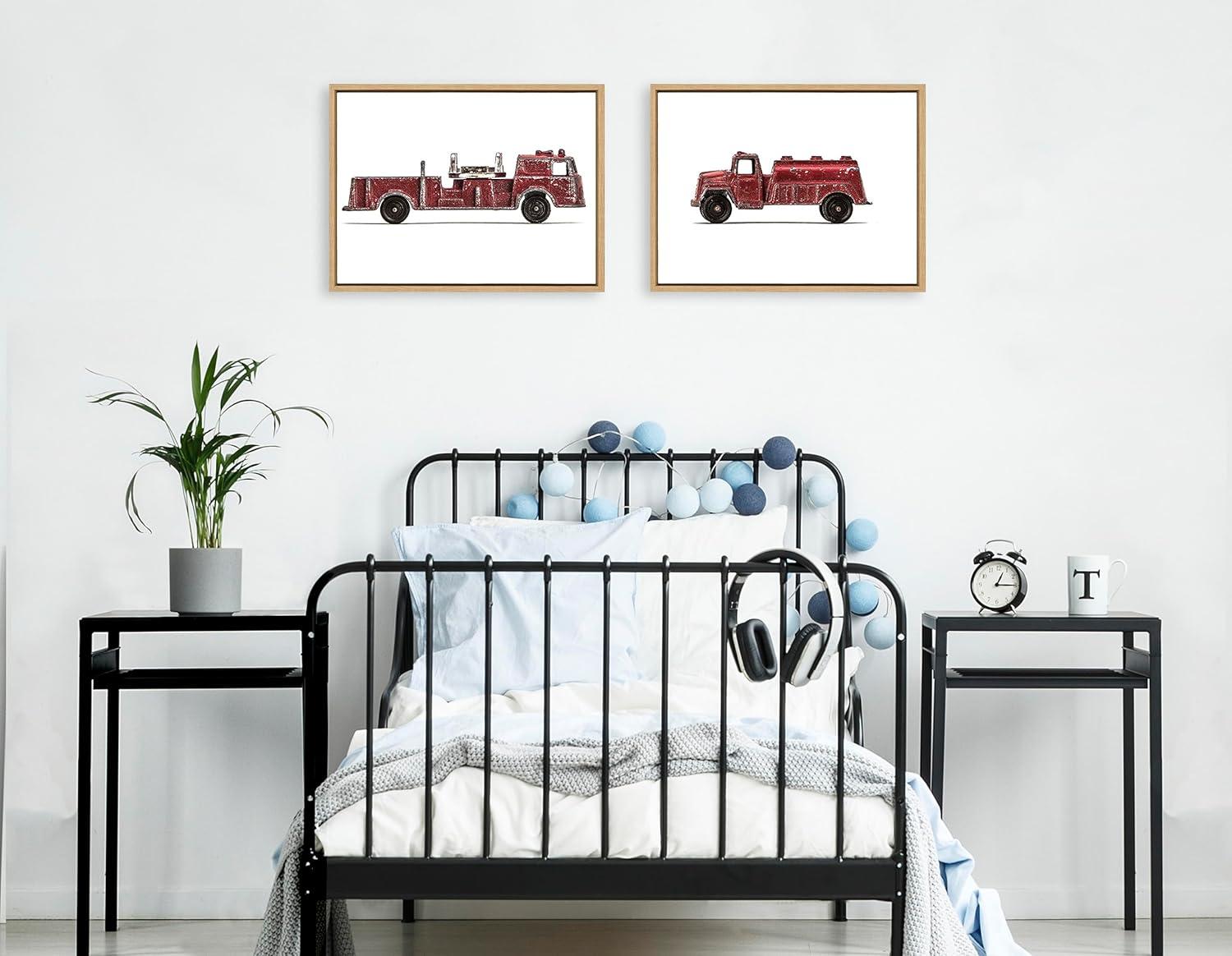 Kate and Laurel Sylvie Red Vintage Toy Fire Engine and Red Vintage Toy Water Truck Framed Canvas Wall Art Set by Saint and Sailor Studios, 2 Piece 18x24 Natural, Retro Kid Vehicle Art for Wall
