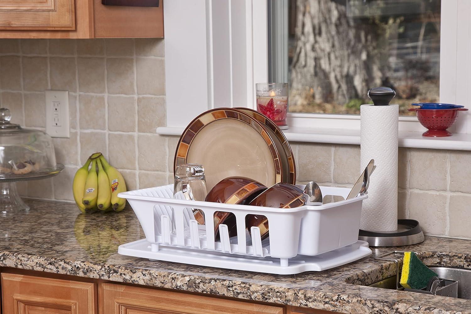 White Large Rust-Resistant Dish Rack with Utensil Cup