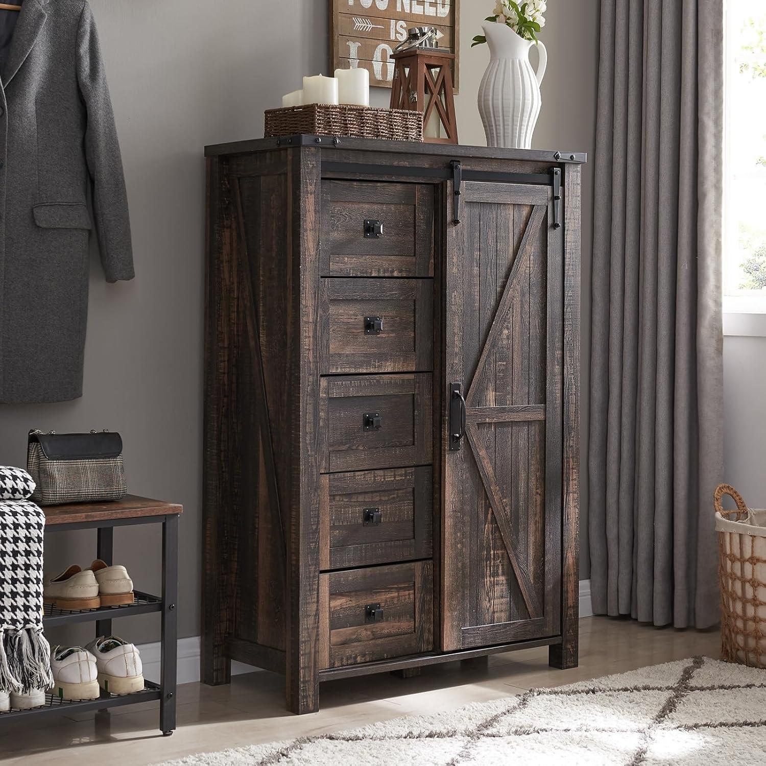 Farmhouse 5 Chest of Drawers, Tall Drawers Dresser with Sliding Barn Door