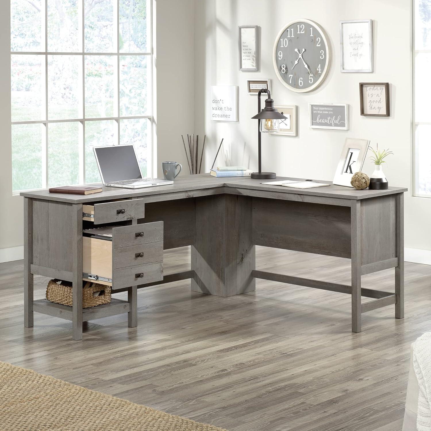 Cottage Road L-Shaped Desk Mystic Oak - Sauder: Home Office Furniture with Open Shelf & Grommets