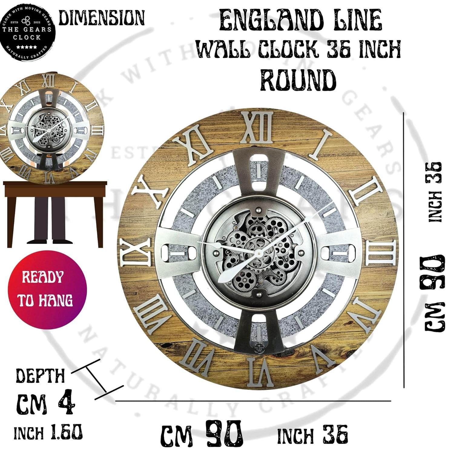 The Gears Clock Wall Clock 36" Oversized for Living Room decor with Real Moving Gears England Collection