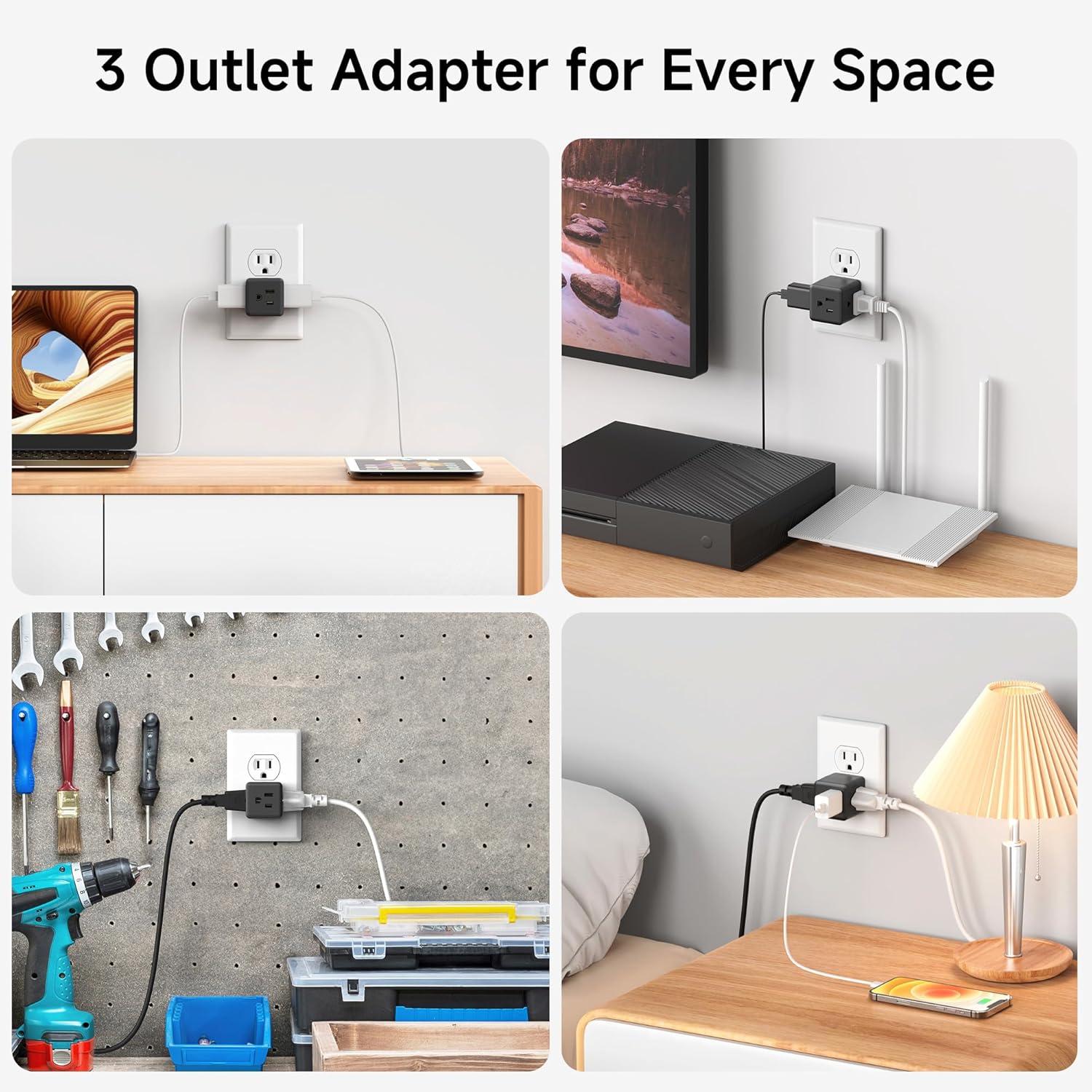 [UL Listed] Cable Matters 3-Pack 3 Outlet Wall Adapter (Grounded Cube Tap, Outlet Splitter, 3 Way Plug Adapter, 3-Prong Power Splitter), Black
