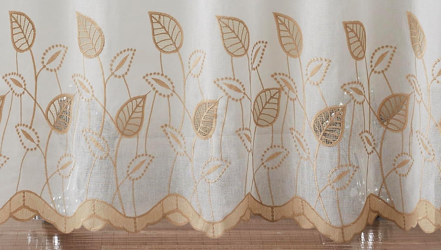 Gold and White Leaf Embroidered Fabric Shower Curtain with Valance, 72" x 72"