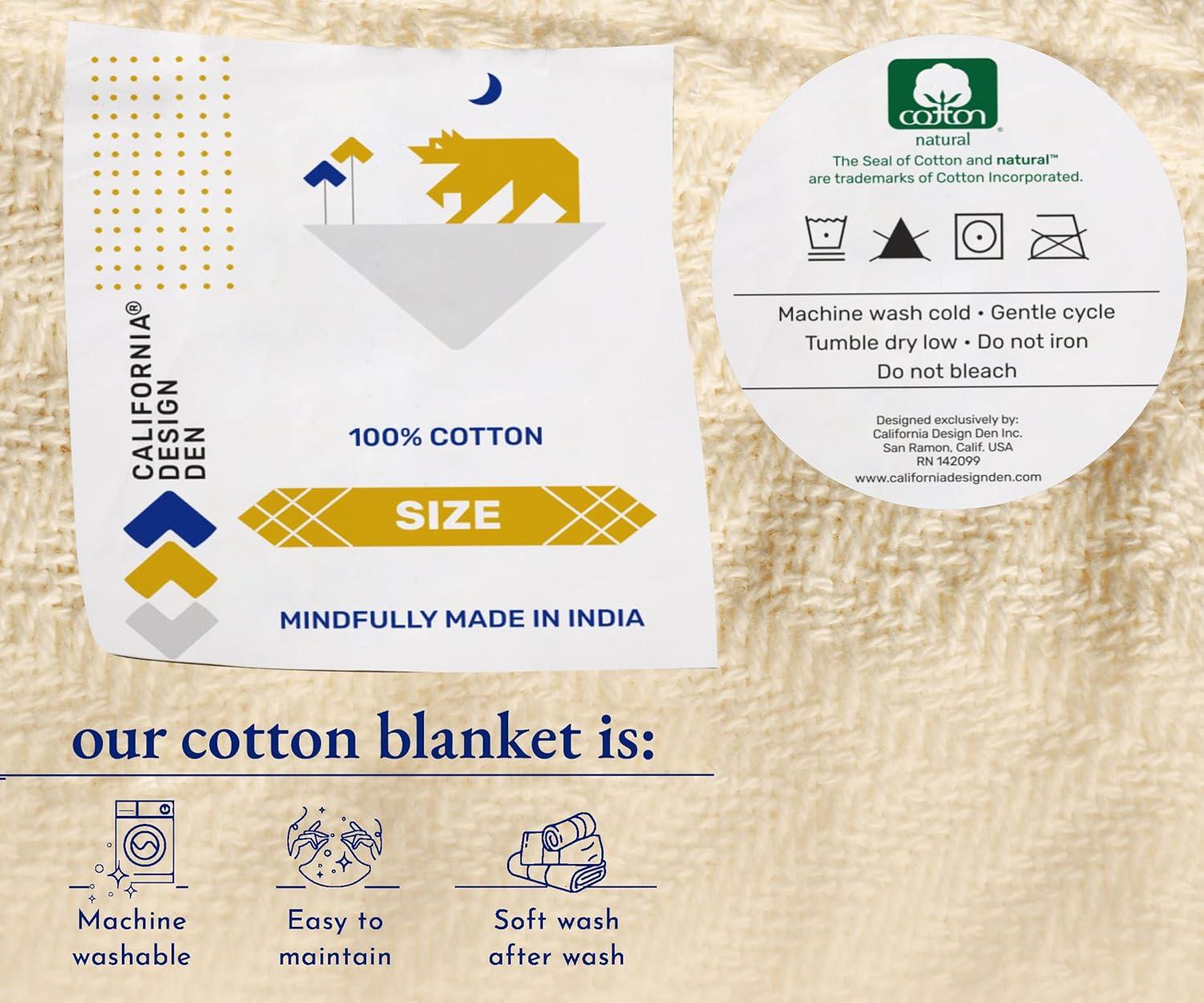 Bed Blanket | Soft 100% Cotton | Herringbone Design | All-Season Thermal Layering by California Design Den - Ivory, King (106" x 94")
