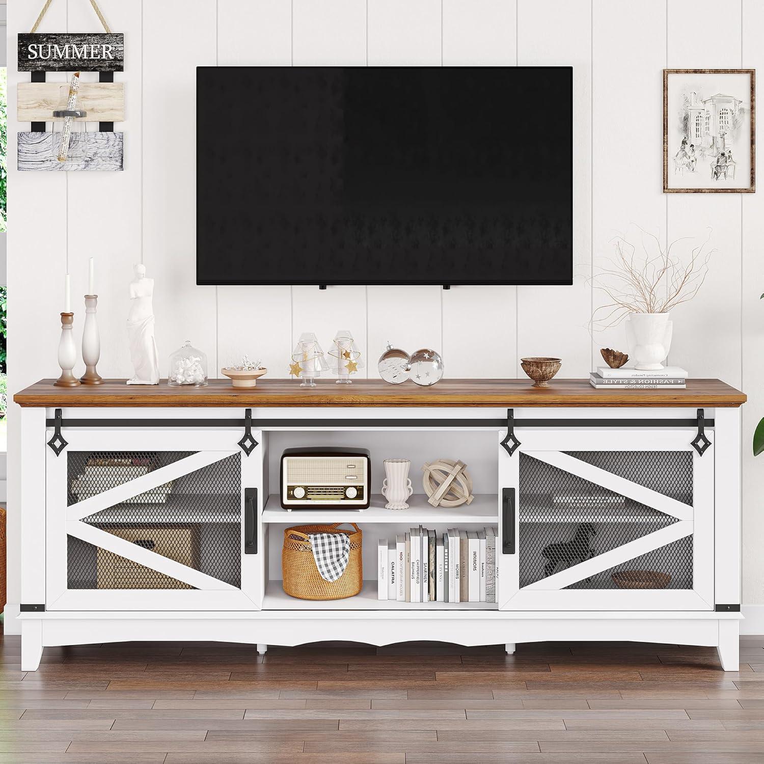 Farmhouse TV Stand with Sliding Barn Doors, TV Cabinet with Storage Shelf, Entertainment Center for 65" TV
