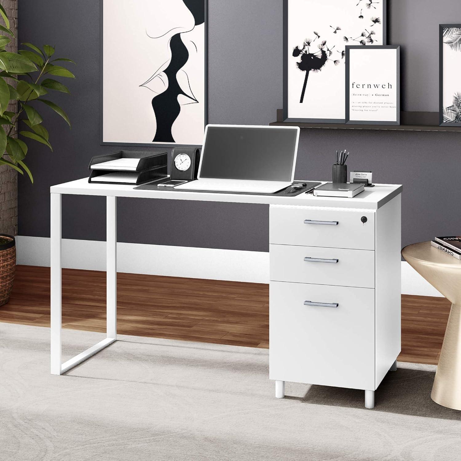 Modern Designs by Crafts and Comfort Milano Modern Home & Office Computer Desk - 47 Inch with 3 Locking Drawers - Wooden Study Writing Desk with Storage Space - White