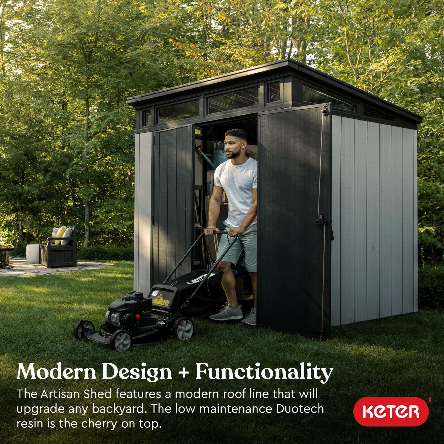 Keter Keter Artisan 7x7 ft. Modern Durable Resin Outdoor Storage Shed With Floor and Double Doors for Garden Patio Furniture and Tools, Grey