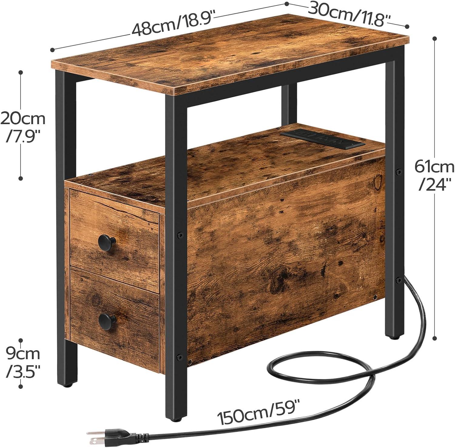 HOOBRO End Table with Charging Station, Narrow Side Table with 2 Drawer & USB Ports & Power Outlets, Nightstand for Small Spaces, for Living Room, Bedroom, Rustic Brown and Black BF541BZ01