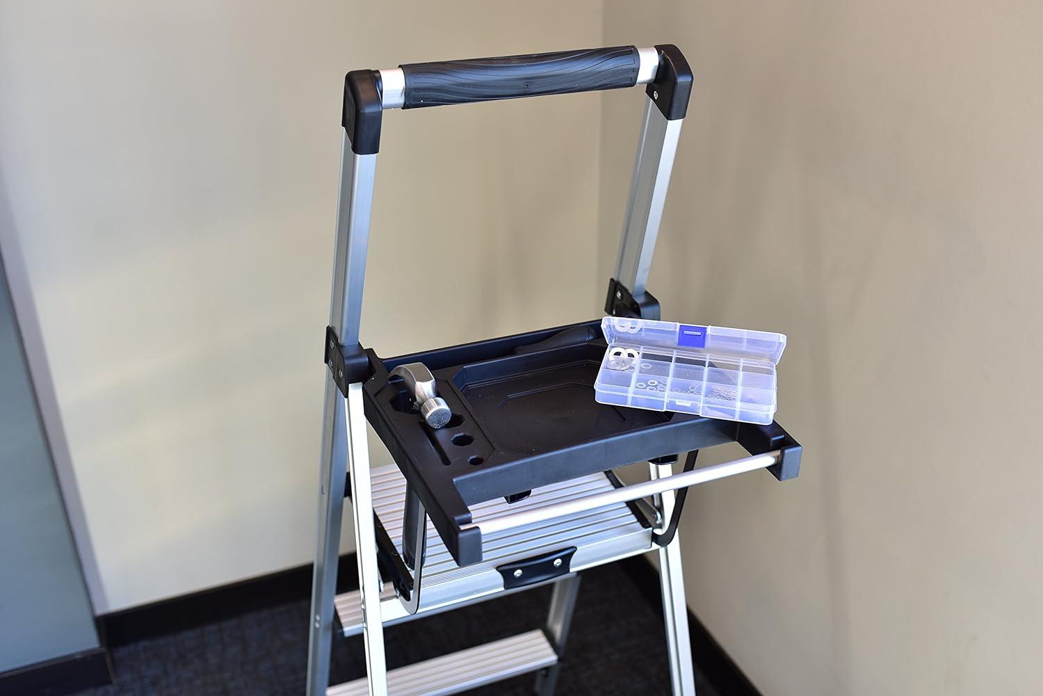 Rubbermaid 3-Step Ladder, Aluminum Lightweight Folding Step Stool with Project Tray, Silver, Tested to US Safety Standards, No Assembly Required