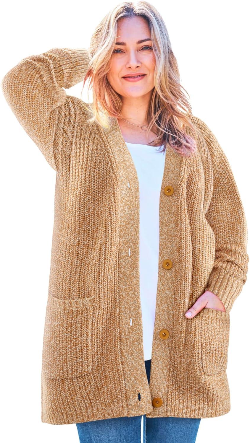 Woman Within Women's Plus Size Button-Front Shaker Cardigan