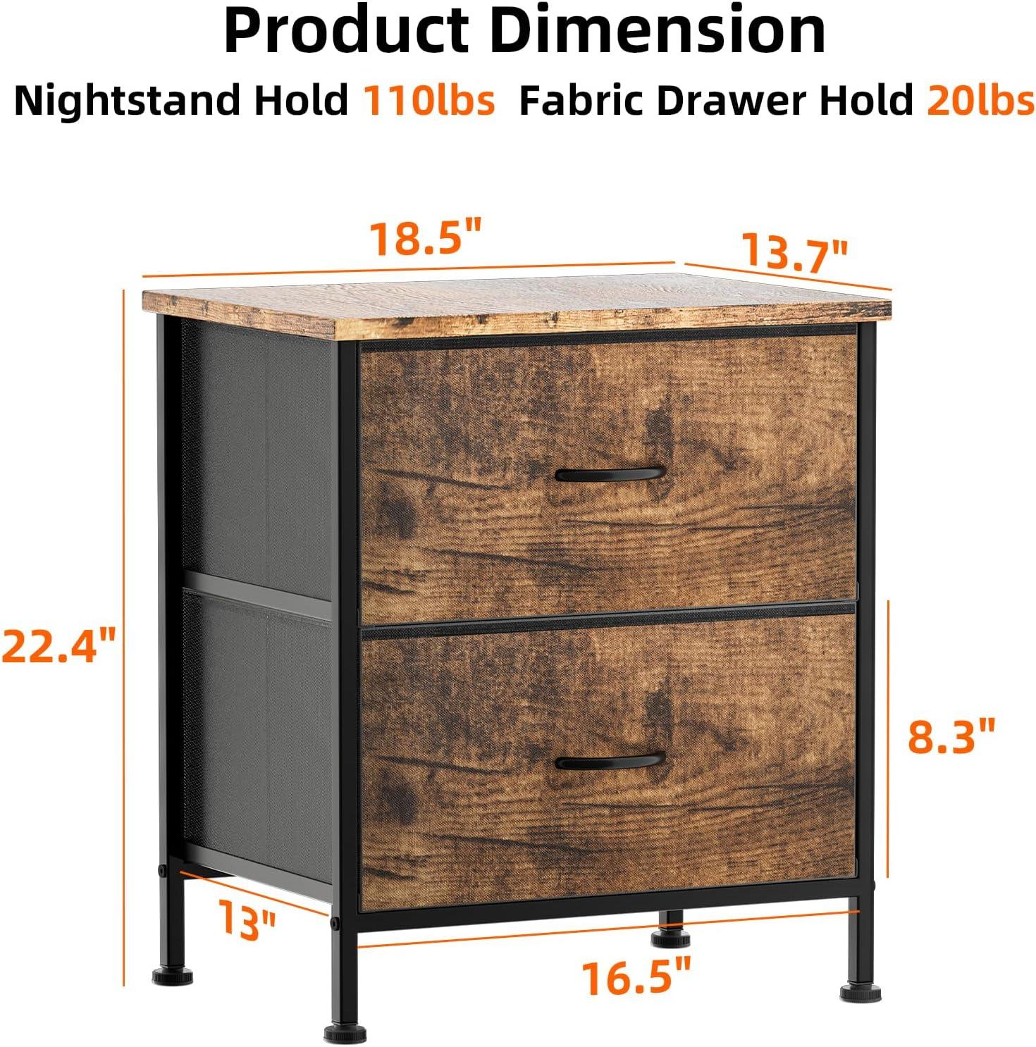Nightstand with 2 Drawers, Night Stand Dresser for Bedroom, Small Dresser with Fabric Bins, Leather Finish, Modern Bedside Table End Side Table for Living Room, Dorm, Closet, Nursery, Brown