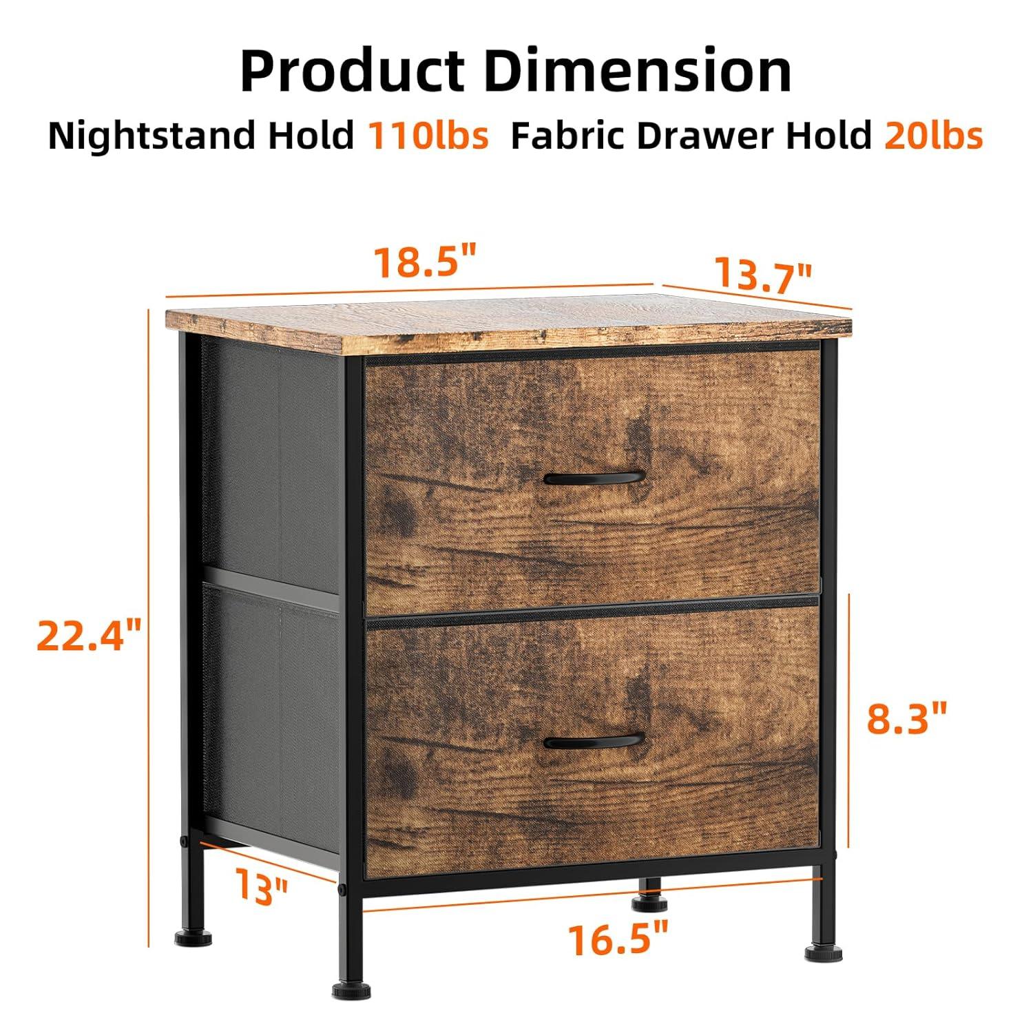 Nightstand with 2 Drawers, Night Stand Dresser for Bedroom, Small Dresser with Fabric Bins, Leather Finish, Modern Bedside Table End Side Table for Living Room, Dorm, Closet, Nursery, Brown