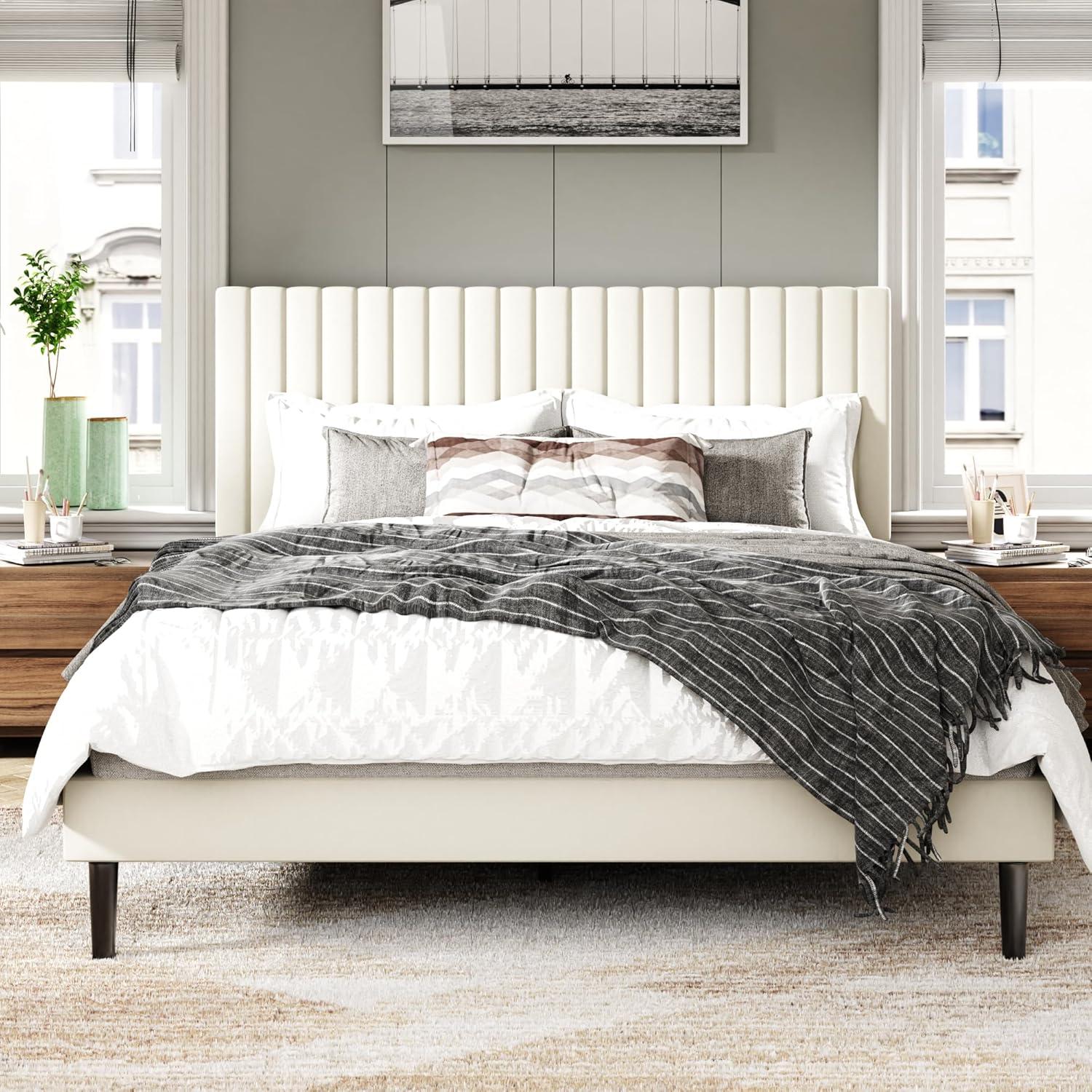 Full Bed Frame with Velvet Upholstered Headboard and Solid Wood Slats, Box Spring Optional, Mattress Base, Easy to Assemble, Beige