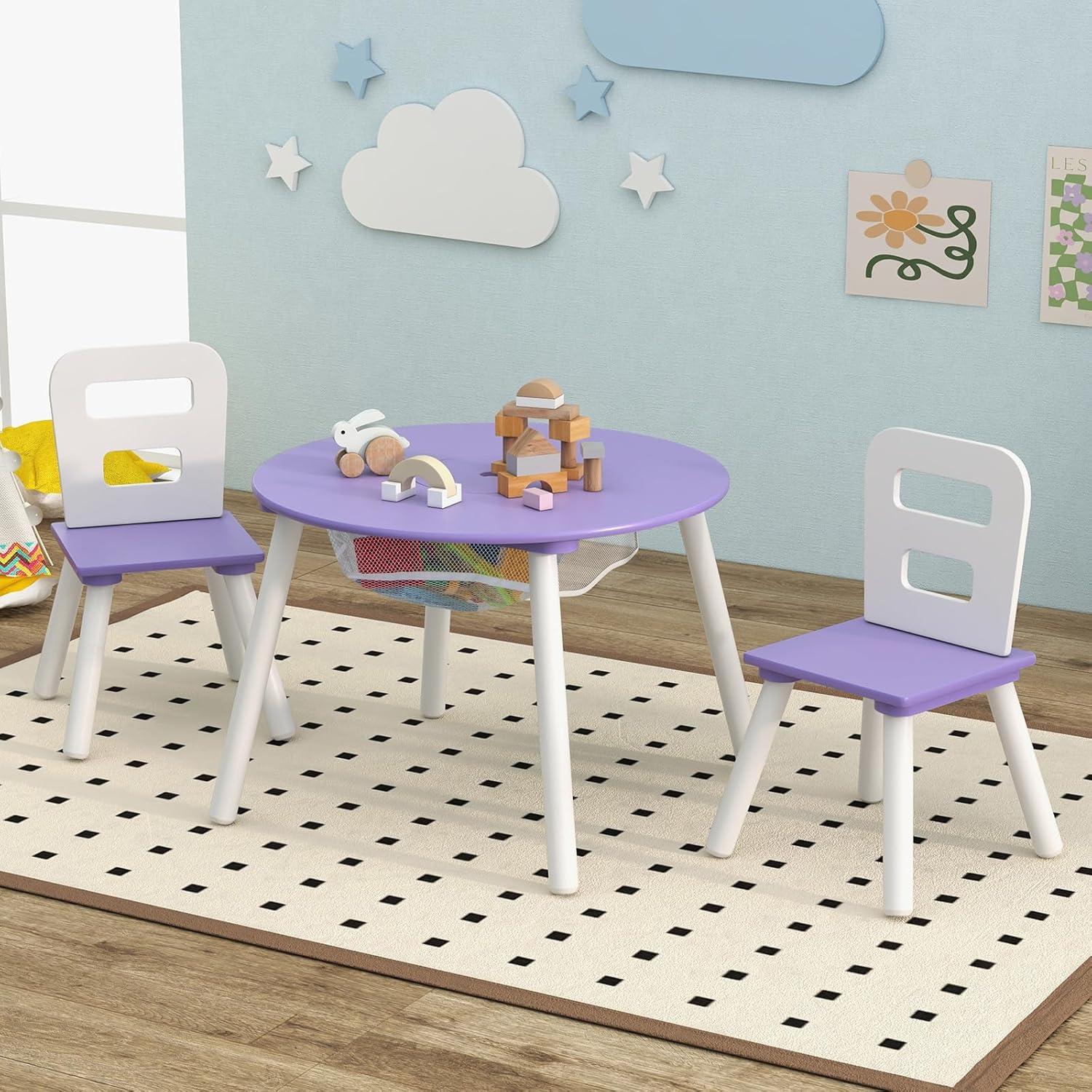 Purple Wooden Kids Table and Chair Set with Storage