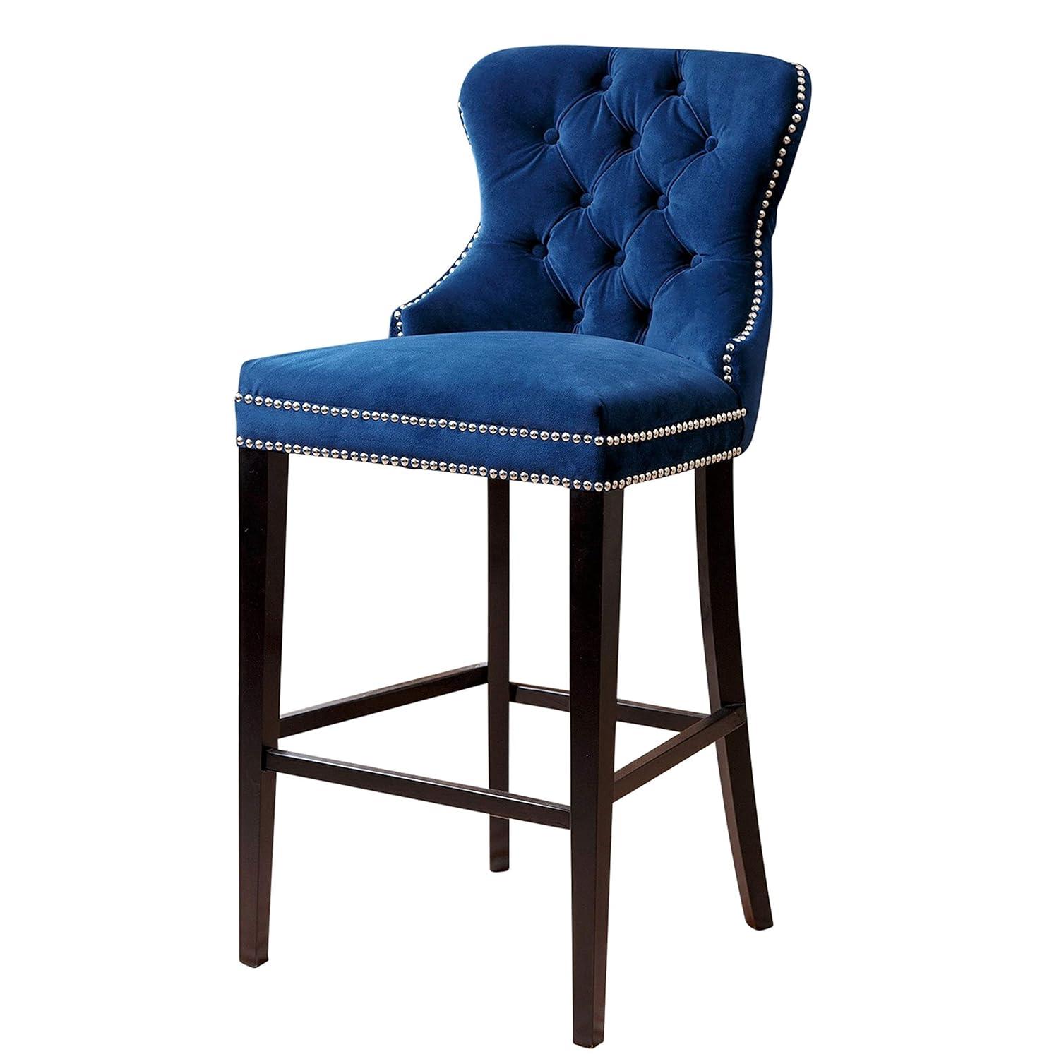 Elegant Gray Velvet & Wood High Back Bar Stool with Silver Nailhead Trim