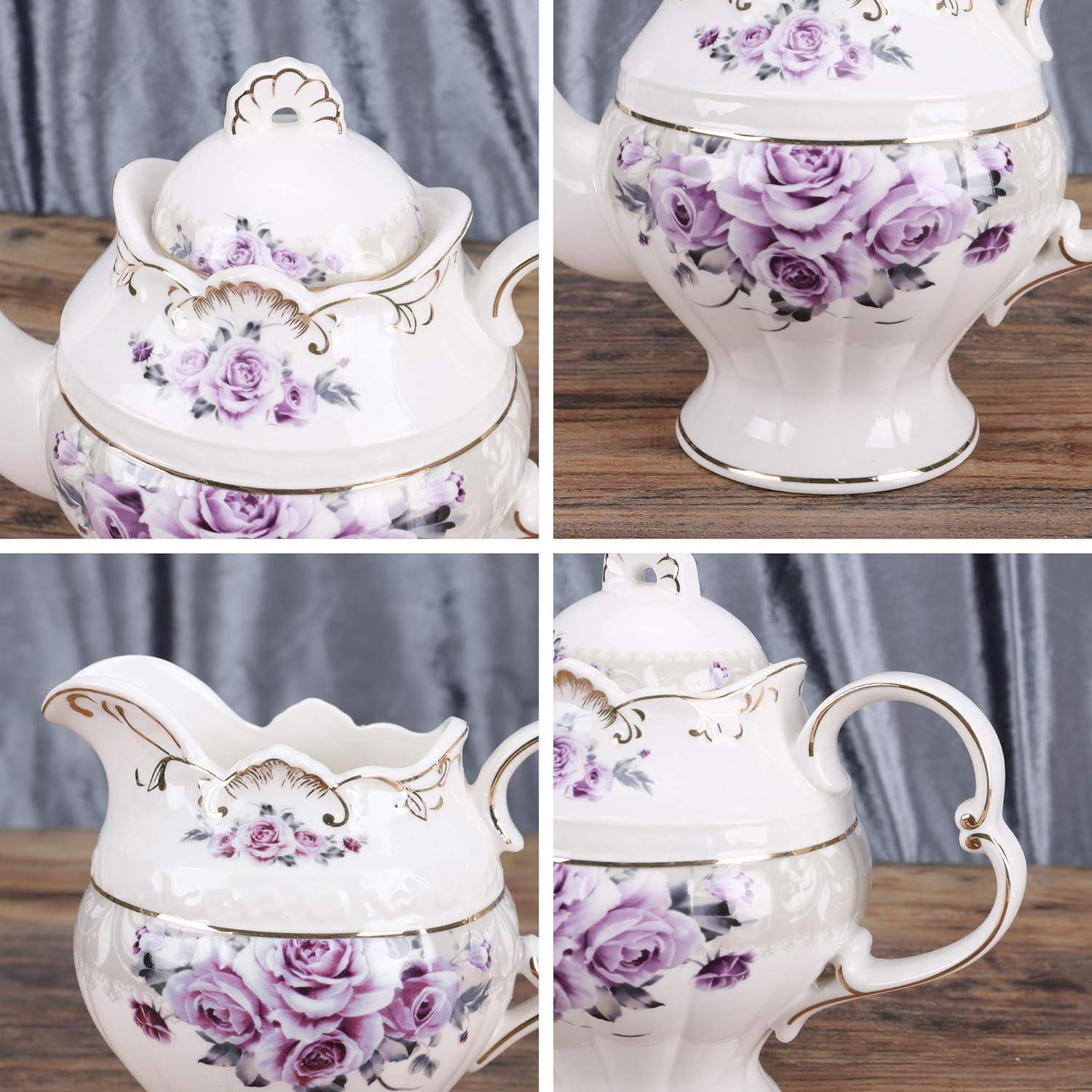 Elegant Purple Rose Porcelain Tea Set with Gold Trim