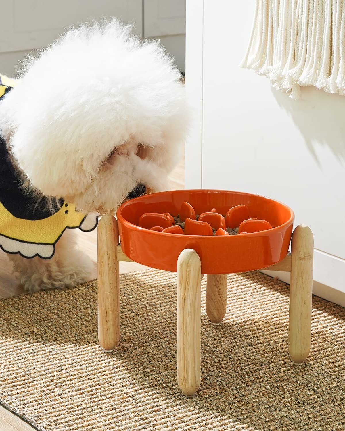 Sun Orange Ceramic Slow Feeder Dog Bowl with Wooden Stand