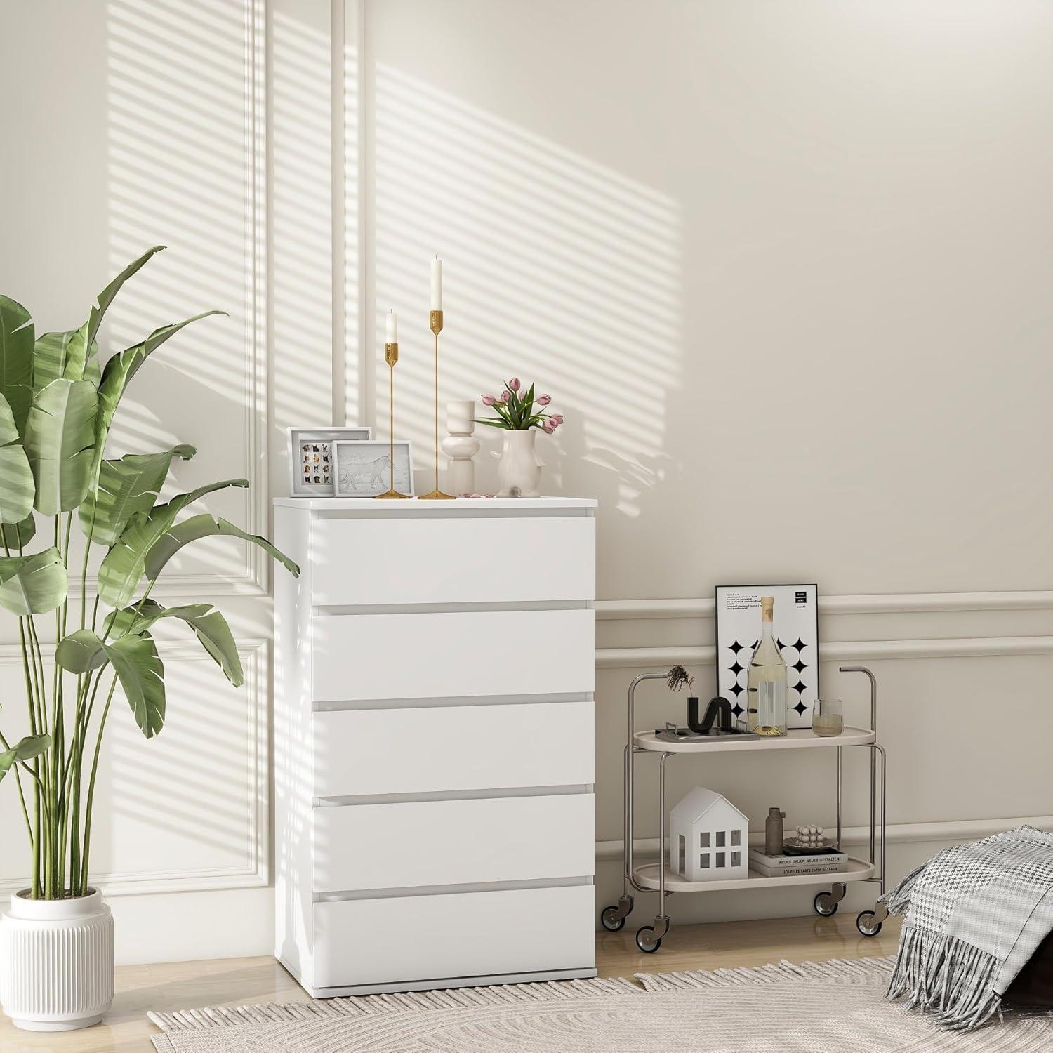 White Dresser for Bedroom with 5 Drawers, Tall Wood Drawer Dresser & Chest of Drawers for Closet, Living Room Hallway Kids Bedroom