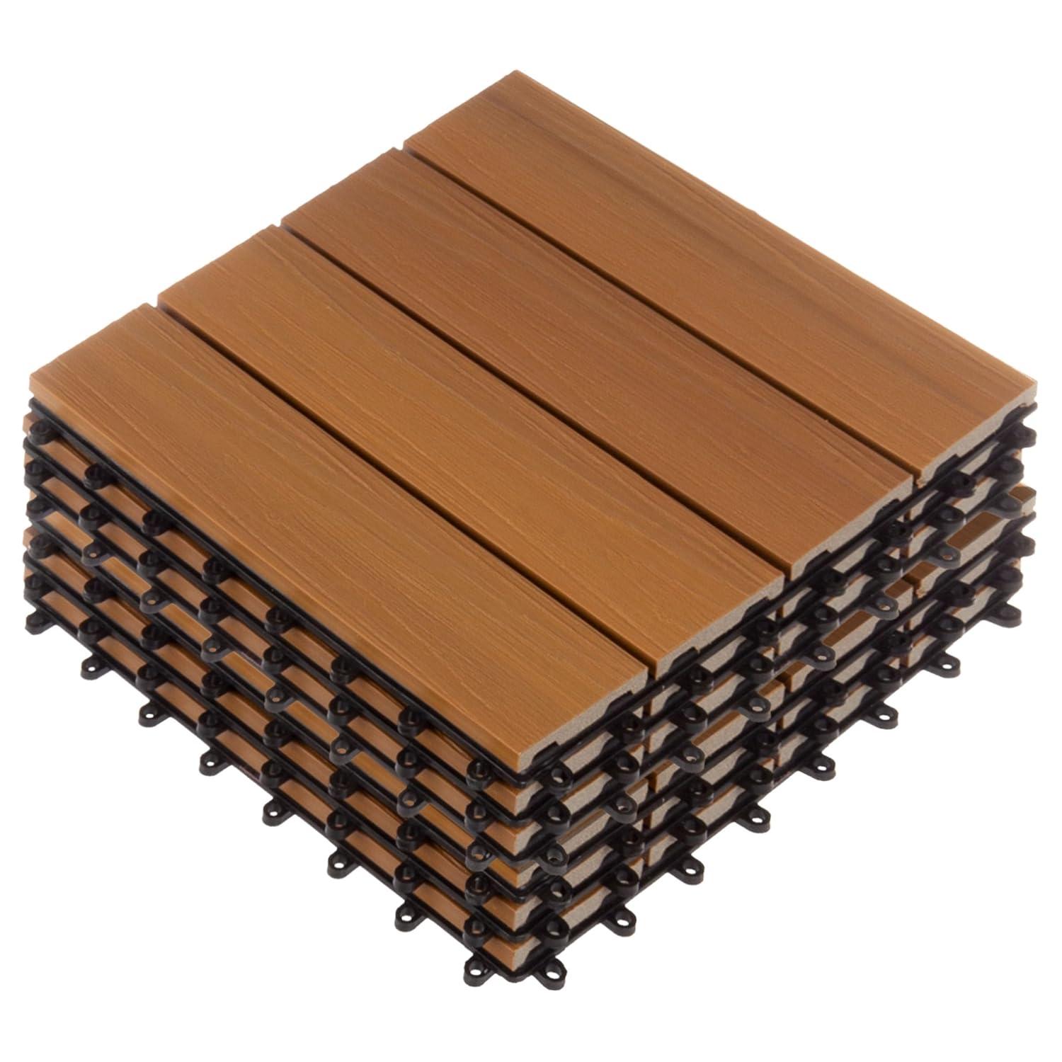 Deck Tiles - 6-Pack Wood Plastic Composite Interlocking Patio Tiles - 5.8SQFT Outdoor Flooring for Balcony, Porch, and Garage by Pure Garden