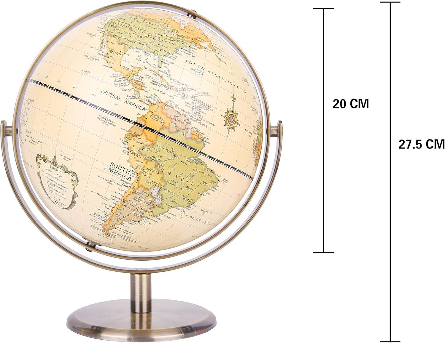 8-Inch Antique World Globe with Bronze Metal Base