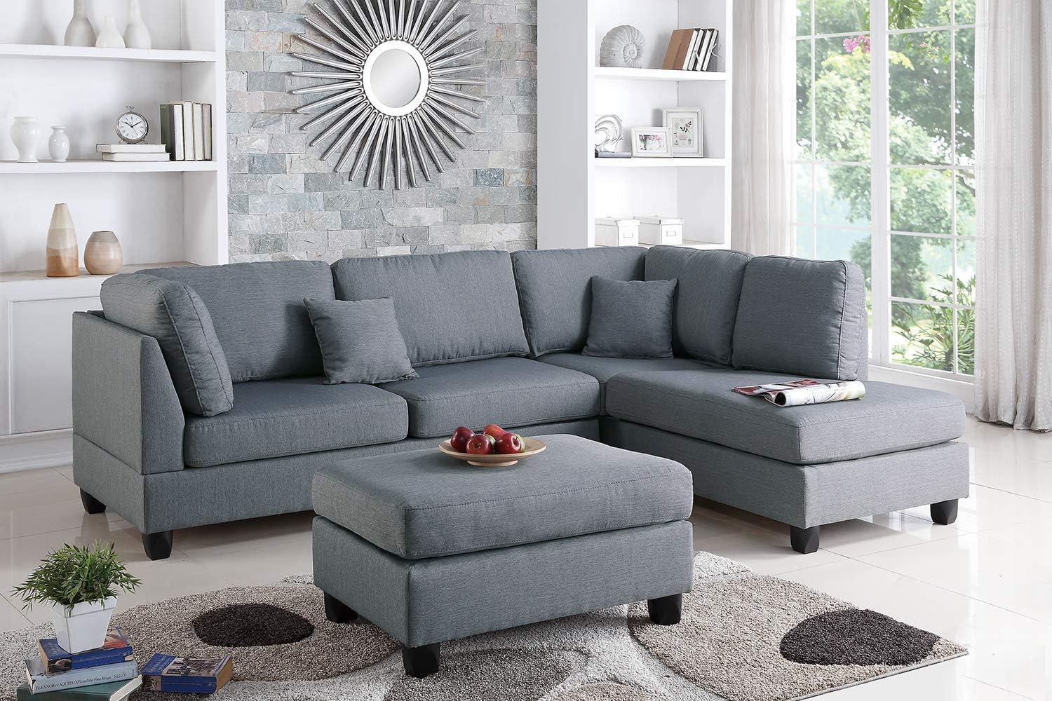 Poundex 3 Piece Fabric Reversible Sectional Sofa Set with Ottoman in Gray