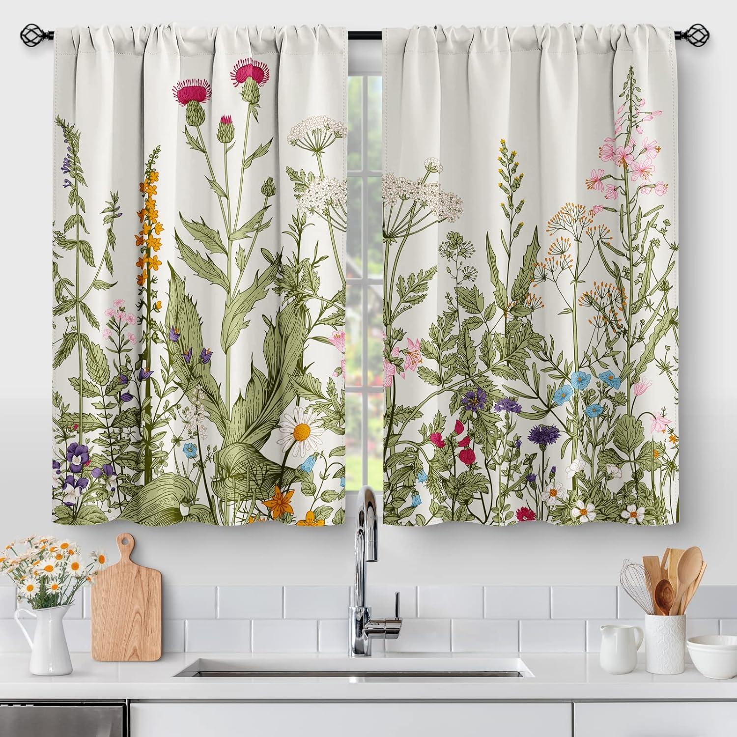 Aimego Colorful Leaves Kitchen Curtains - Floral Spring Botanical Tier Cafe Curtains Farmhouse Country Small Window for Bathroom Living RV Rod Pocket Window Drapes 36 Inch 2 Panels Set 28 "x36