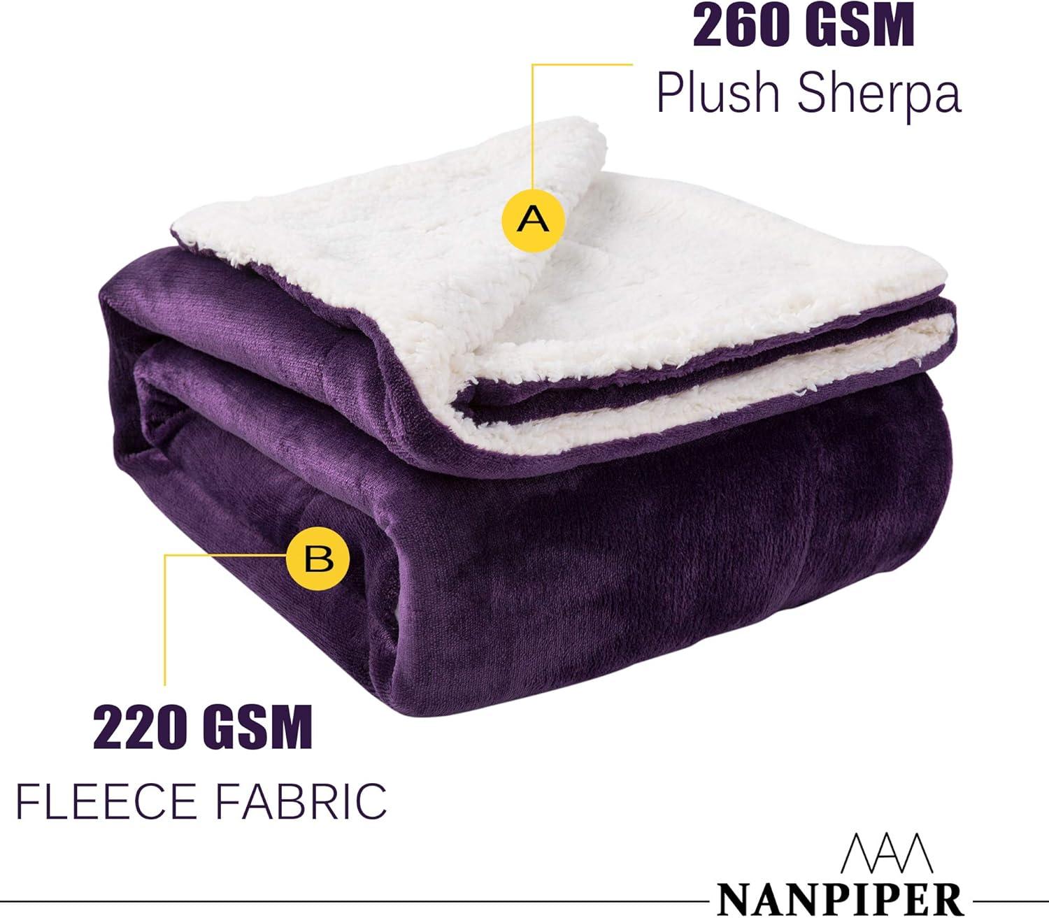 Purple and White Reversible Sherpa Fleece Throw Blanket