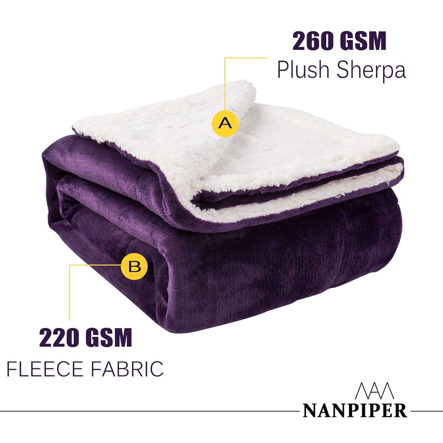 NANPIPER Sherpa Blanket, Super Soft Fuzzy Flannel Fleece/Wool Like Reversible Velvet Plush Couch Blanket, Lightweight Warm Blankets for Winter (Throw Size 50"x60", Purple)