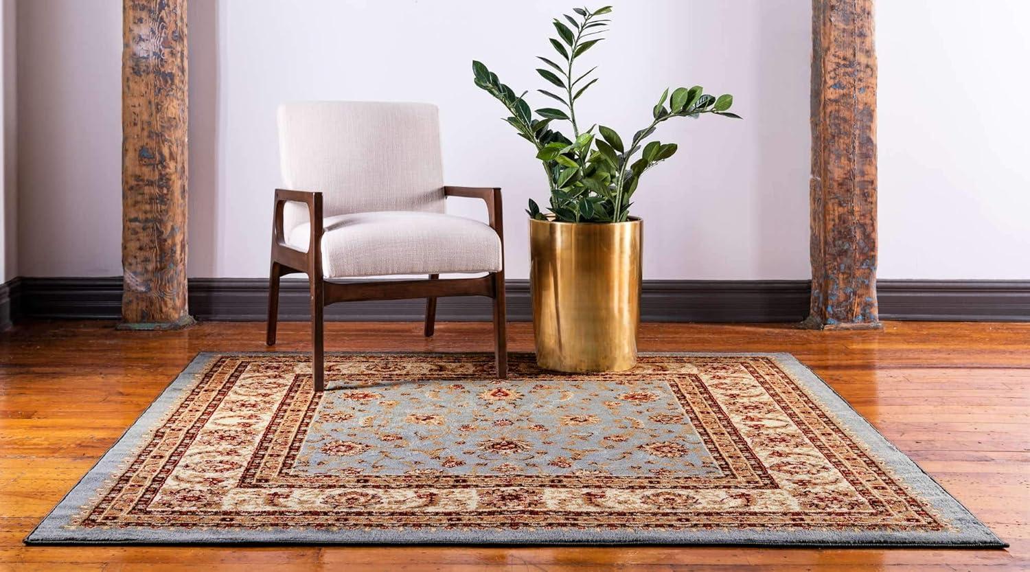 Elegant Floral Light Blue Synthetic Square Rug, 6' x 6'