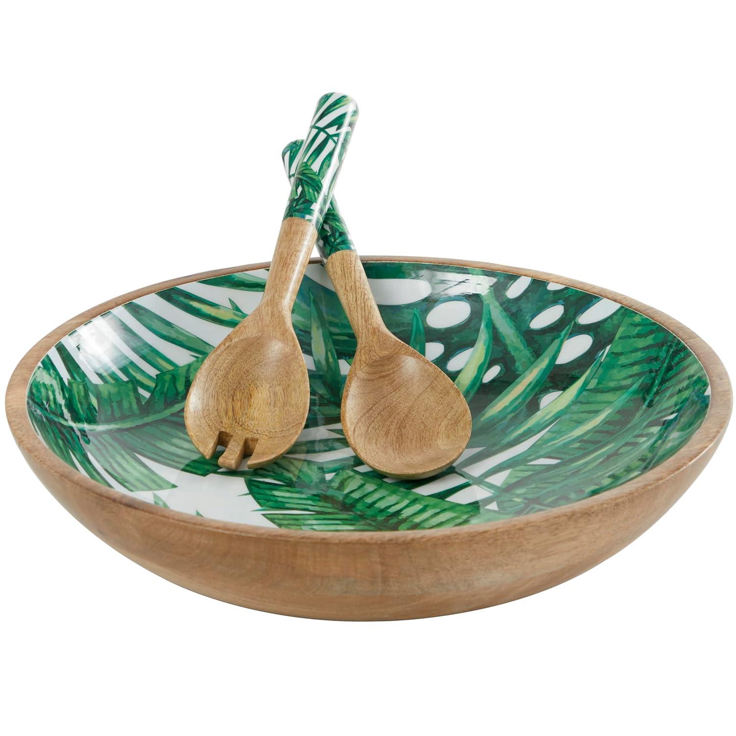 Deco 79 Mango Wood Handmade Decorative Bowl with Matching Salad Serving Utensils, Set of 3 15", 11", 11" W, Green