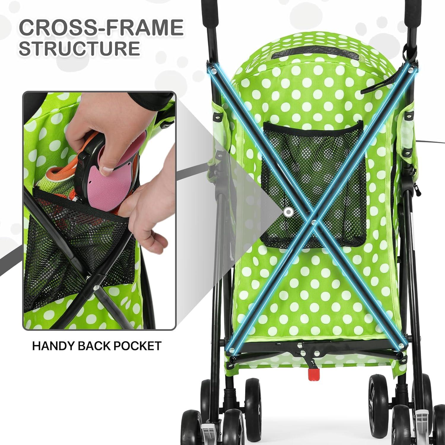 MoNiBloom 4 Wheel Foldable Lightweight Pet Trolley for Cats & Dogs, Lawn Green with White Polka Dots