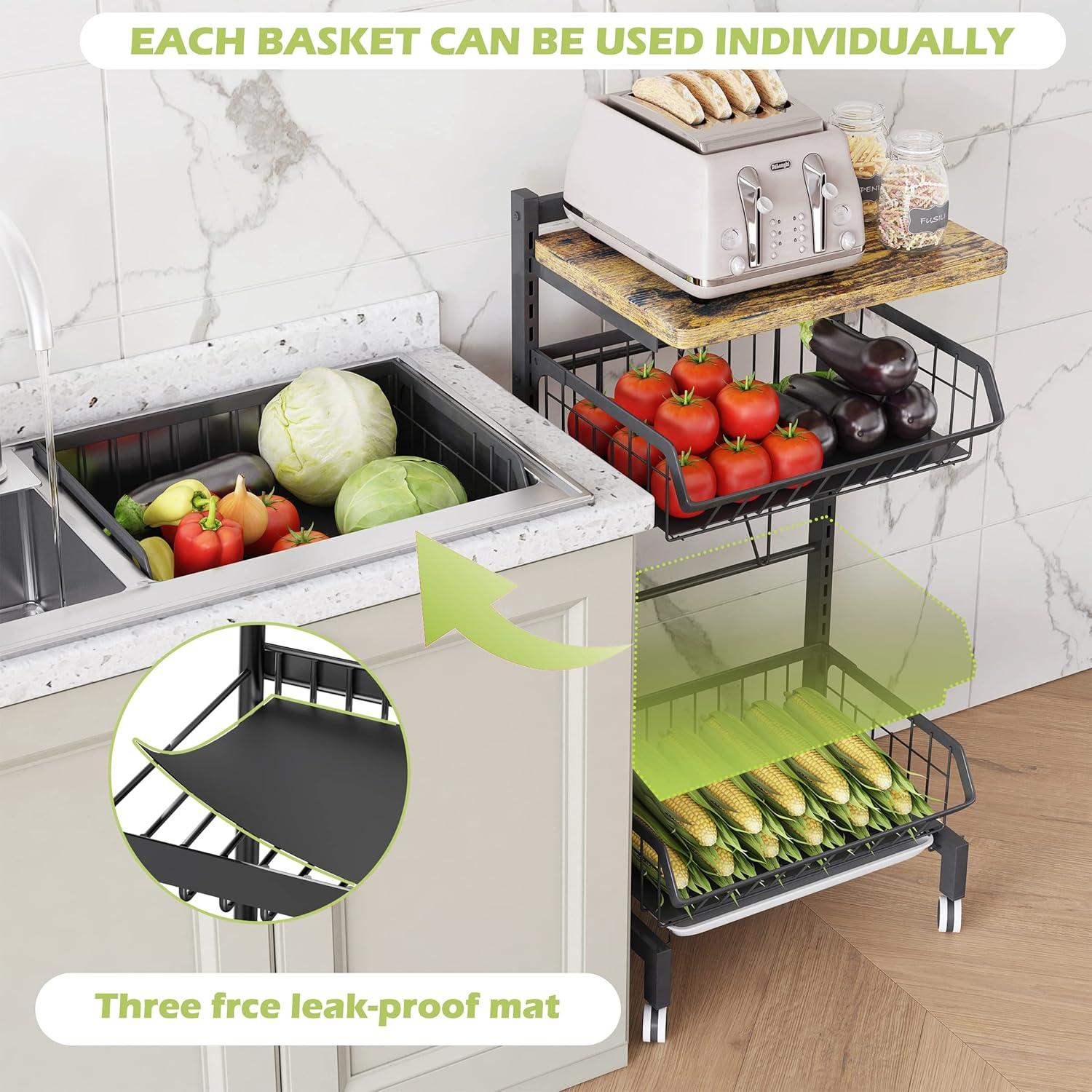 Fruit Basket 4-Tier Adjustable Fruit Vegetable Basket Cart Metal Wire Storage Cart Rolling Pantry Utility Kitchen Cart