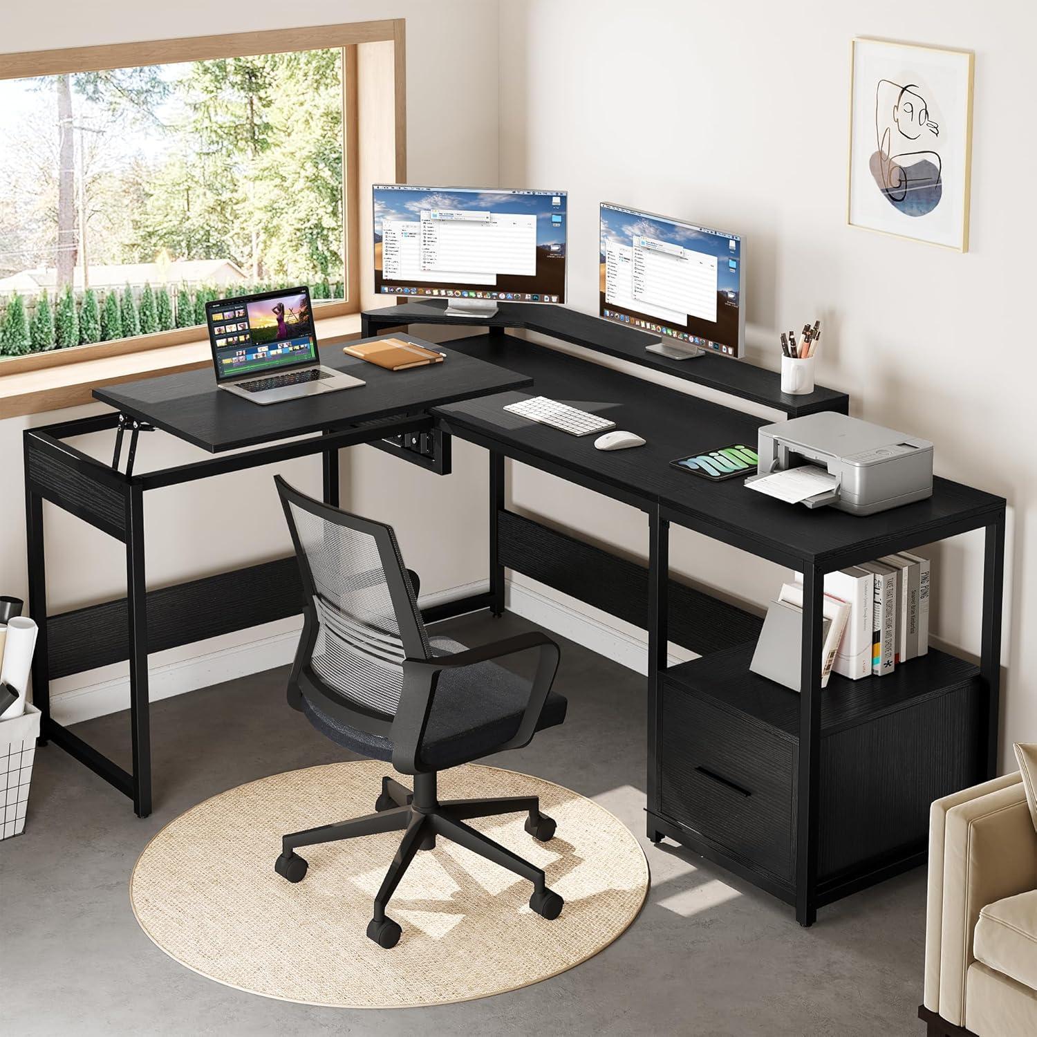 L Shaped Computer Desk with File Drawer, 65" L Shaped Desk with Monitor Stand, Height Adjustable Standing Desk , Black