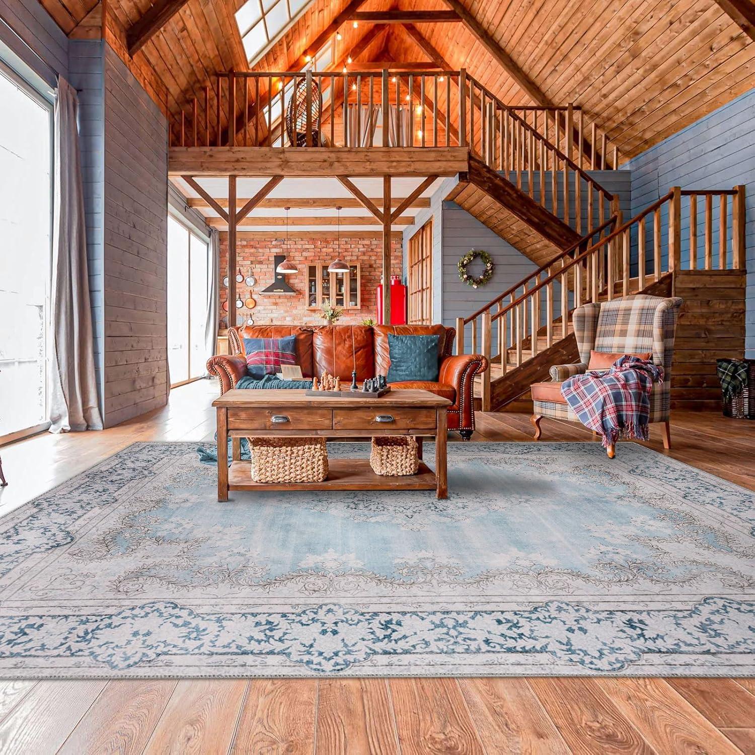 DECOMALL FEAONA Blue Oriental Machine Washable and Foldable Area Rug