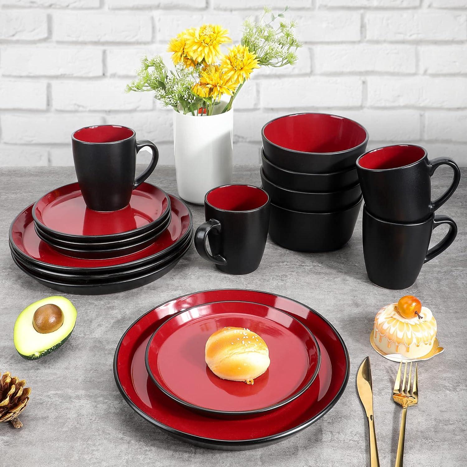 Bestone 16 Piece Dinnerware Set, Stoneware, Chip Resistant, Dinnerware Sets, Plates, Dishes, Bowls, Service for 4, Square，Red and Black